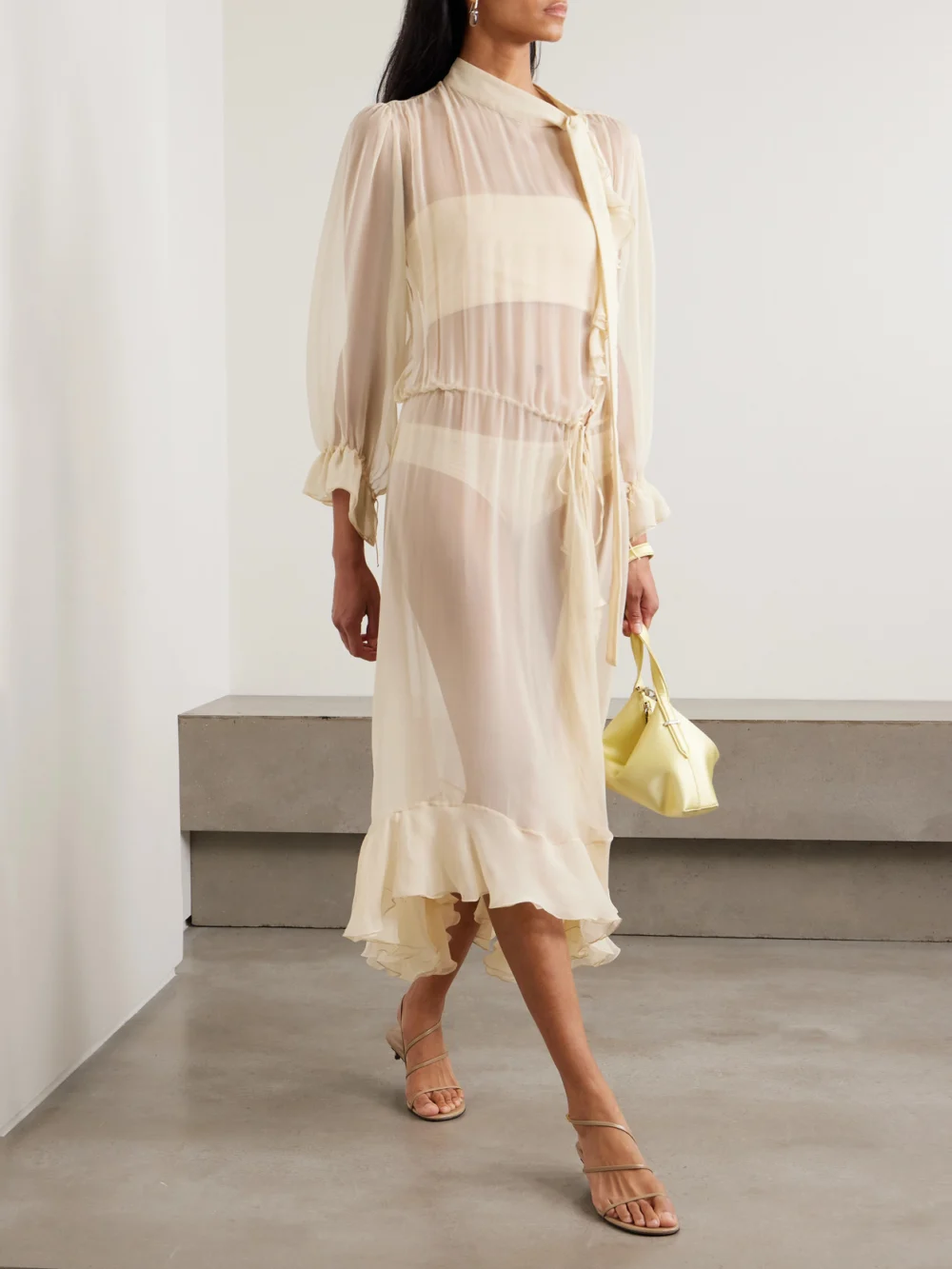 Sharon Wauchob Abae Asymmetric Ruffled Silk-mousseline Midi Dress, worn by a model