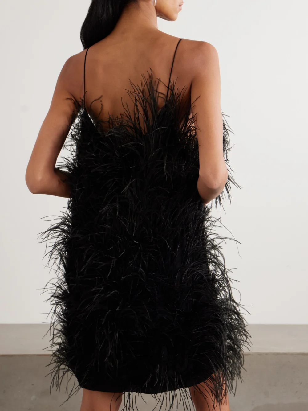 Back view of the Sharon Wauchob Anvers Feather-trimmed Silk-satin Mini Dress