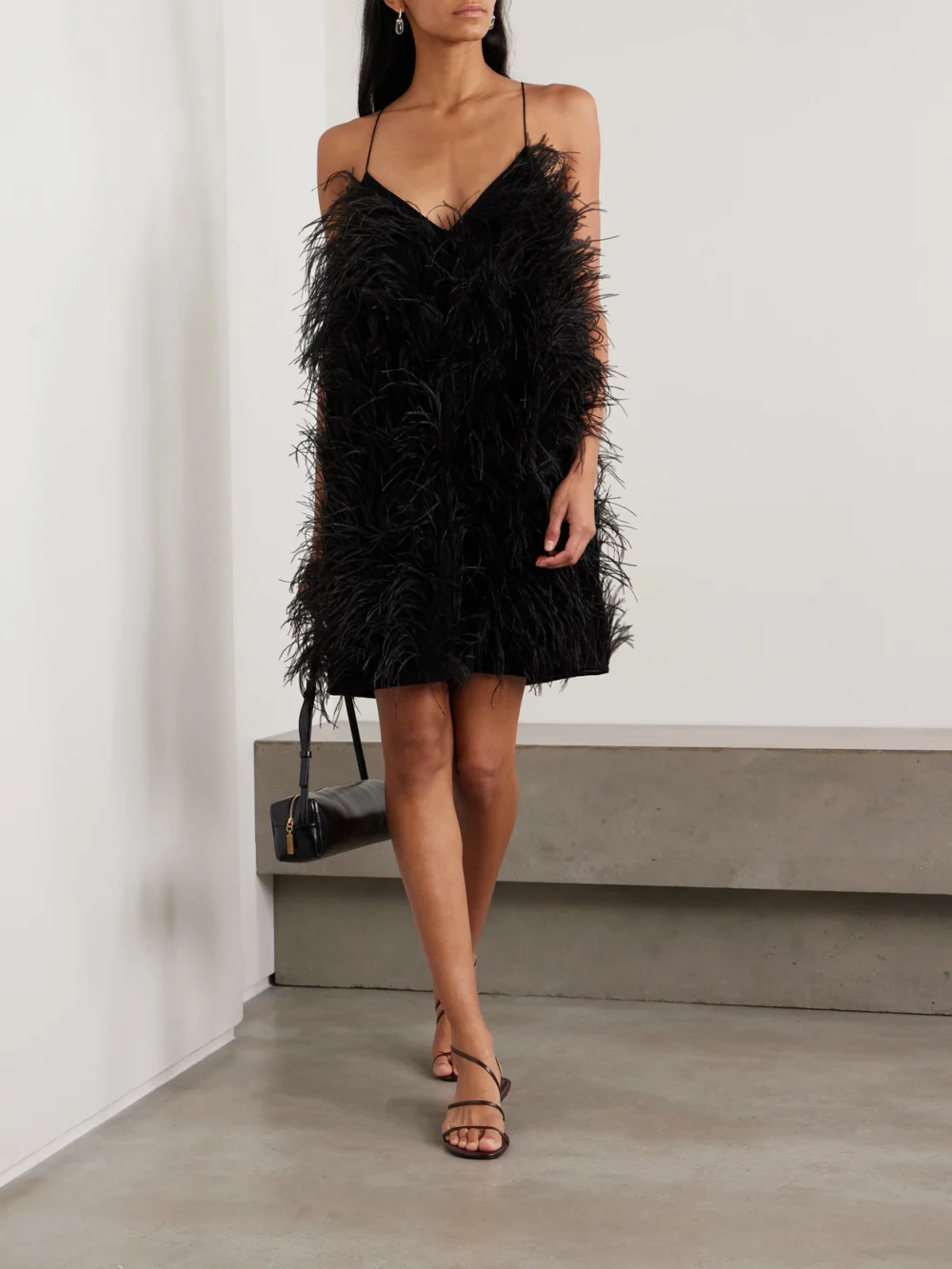 Sharon Wauchob Anvers Feather-trimmed Silk-satin Mini Dress, worn by a model