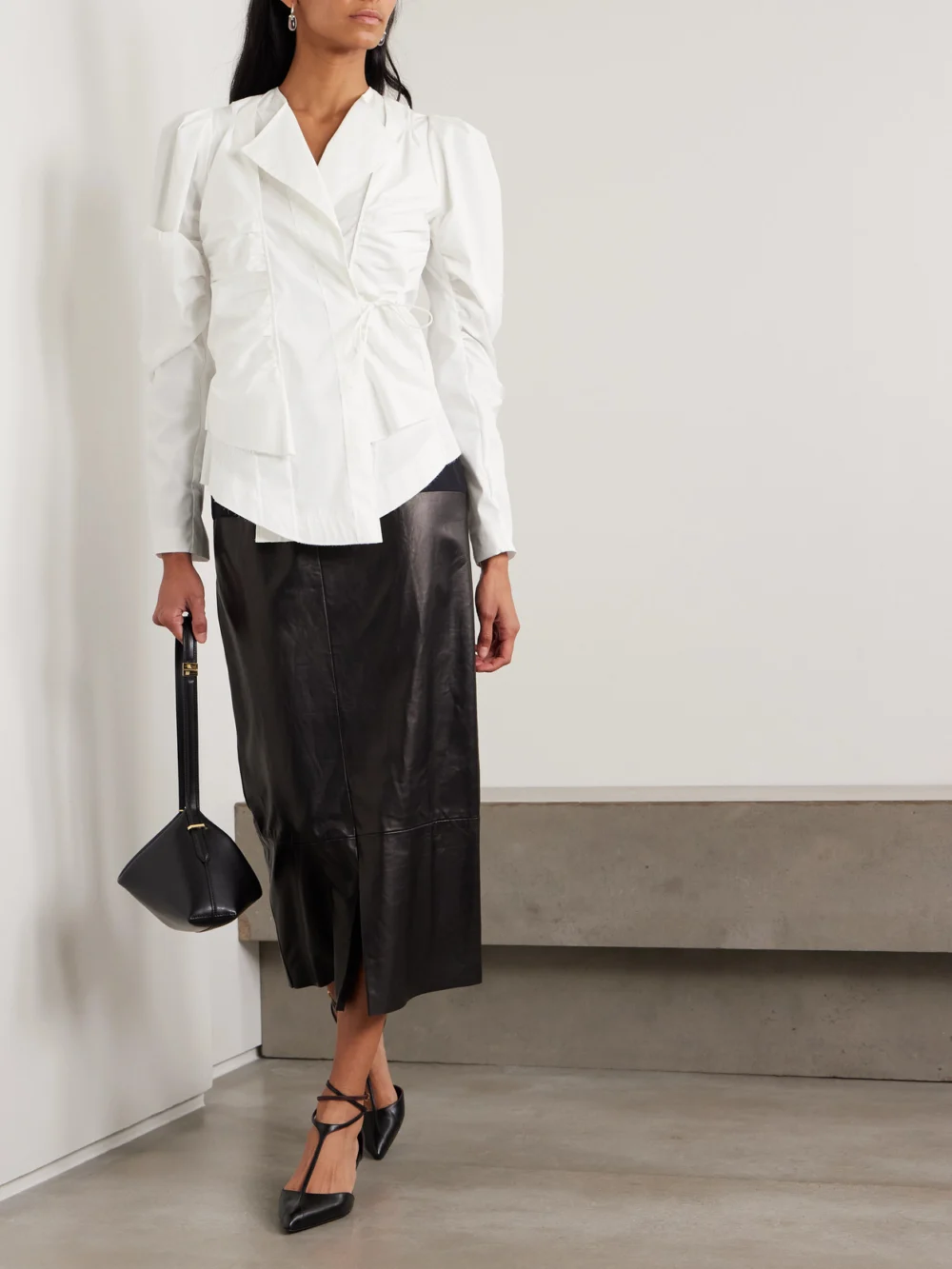 Sharon Wauchob Bann Tie-detailed Gathered Cotton-poplin Shirt, worn by a model