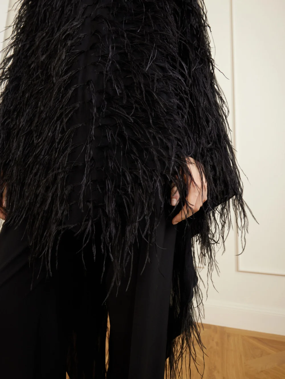 Close-up detail of the Sharon Wauchob Feathers-embellished Silk Cape