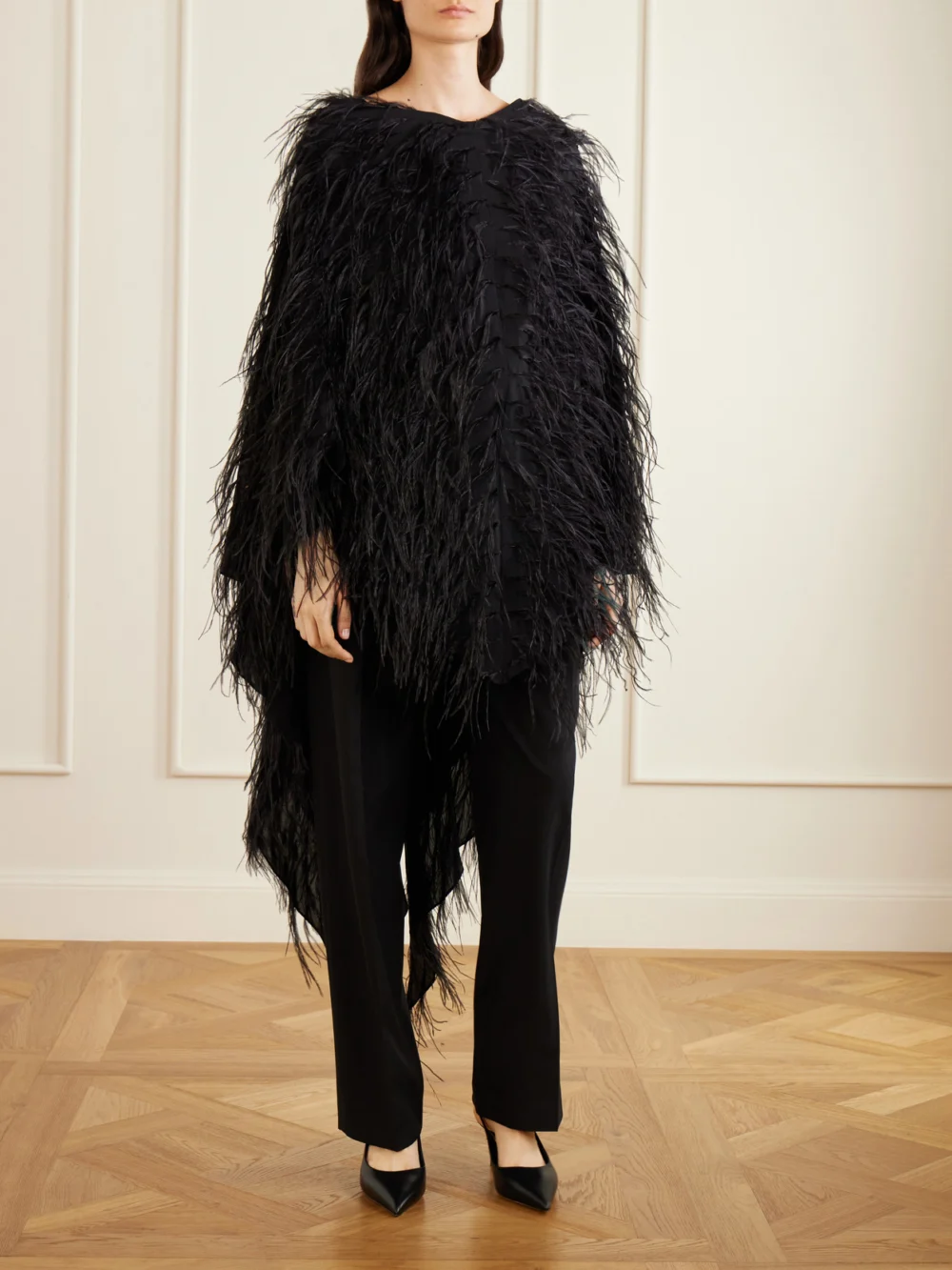 Sharon Wauchob Feathers-embellished Silk Cape, worn by a model