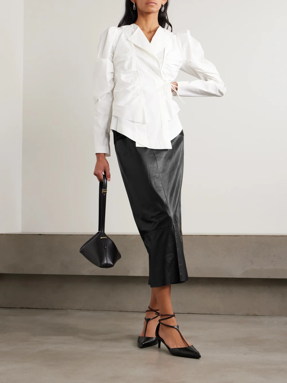 Sharon Wauchob Laure Paneled Silk-jersey and Leather Midi Skirt, worn by a model
