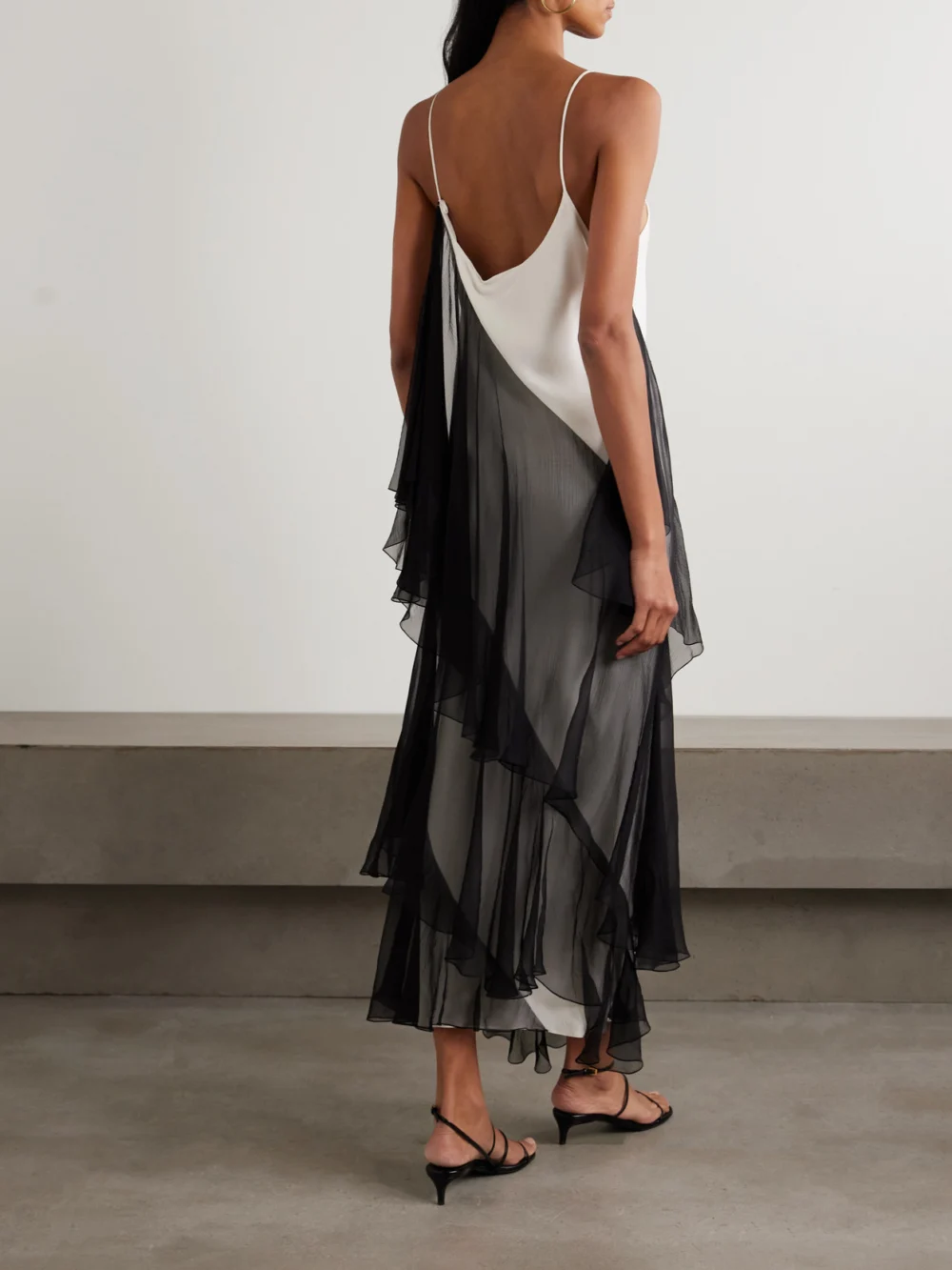 Back view of the Sharon Wauchob Megara Asymmetric Ruffled Two-tone Silk Crepe De Chine and Crepon Midi Dress