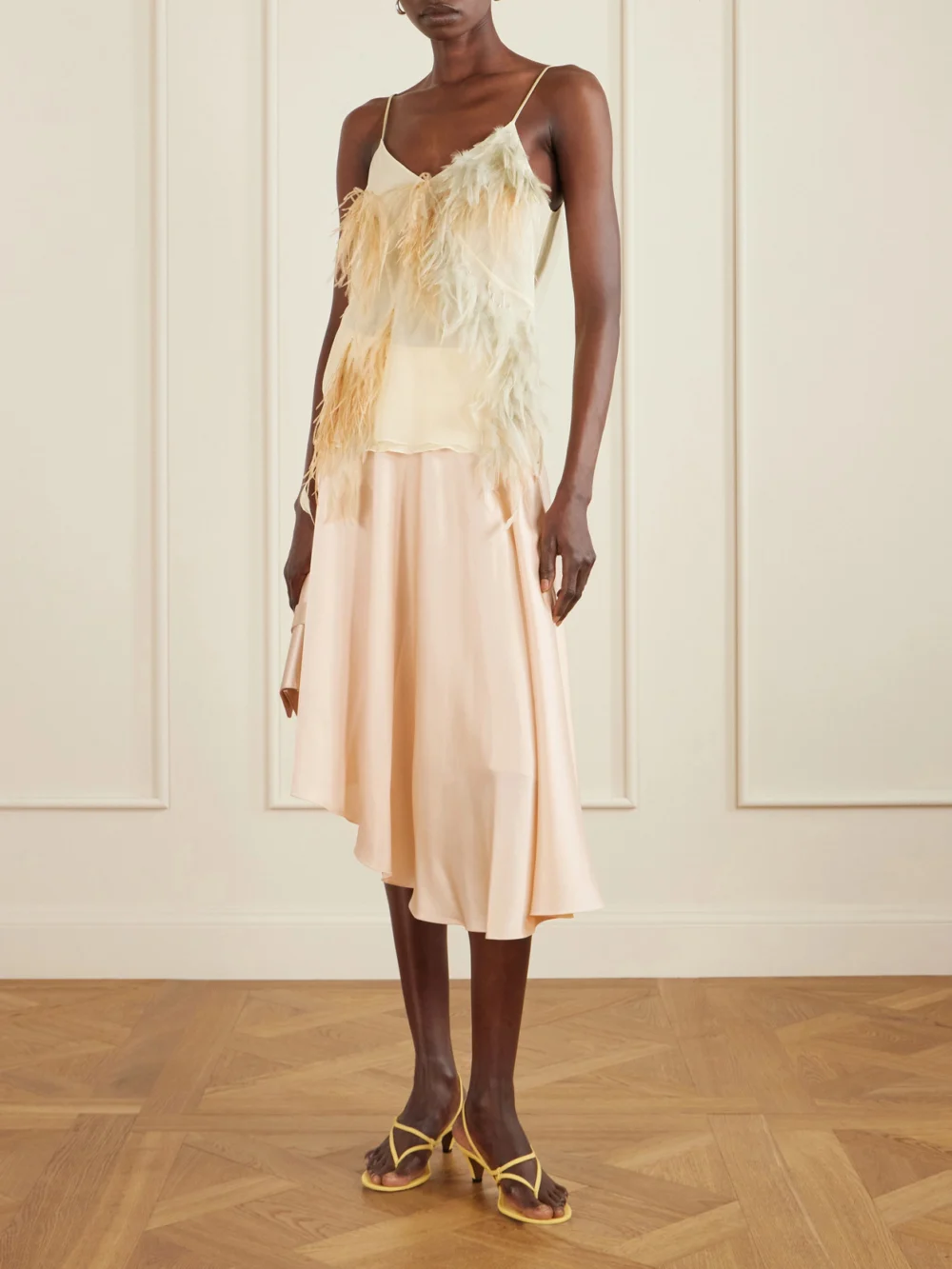 Sharon Wauchob Oly Asymmetric Satin Skirt, worn by a model