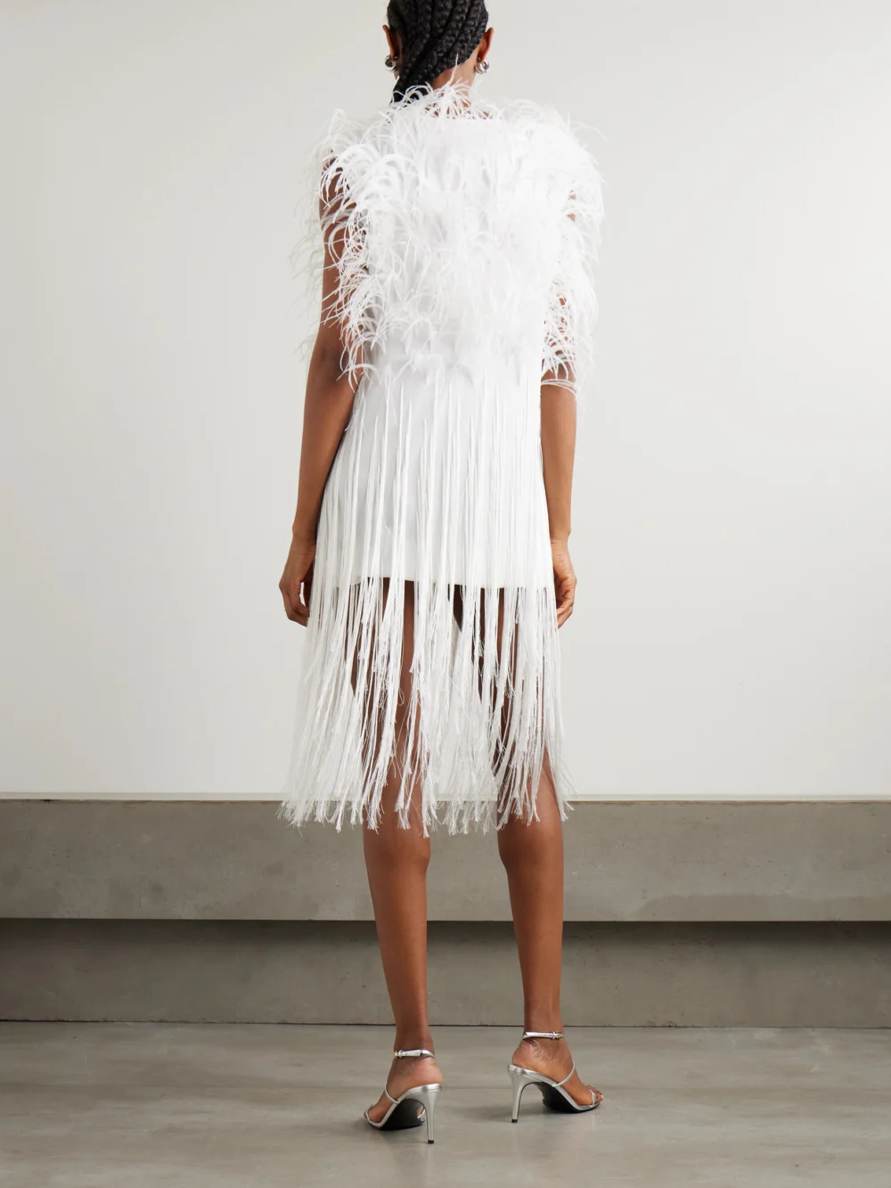Back view of the Sharon Wauchob Ros Feather-embellished Fringed Silk-tulle Mini Dress