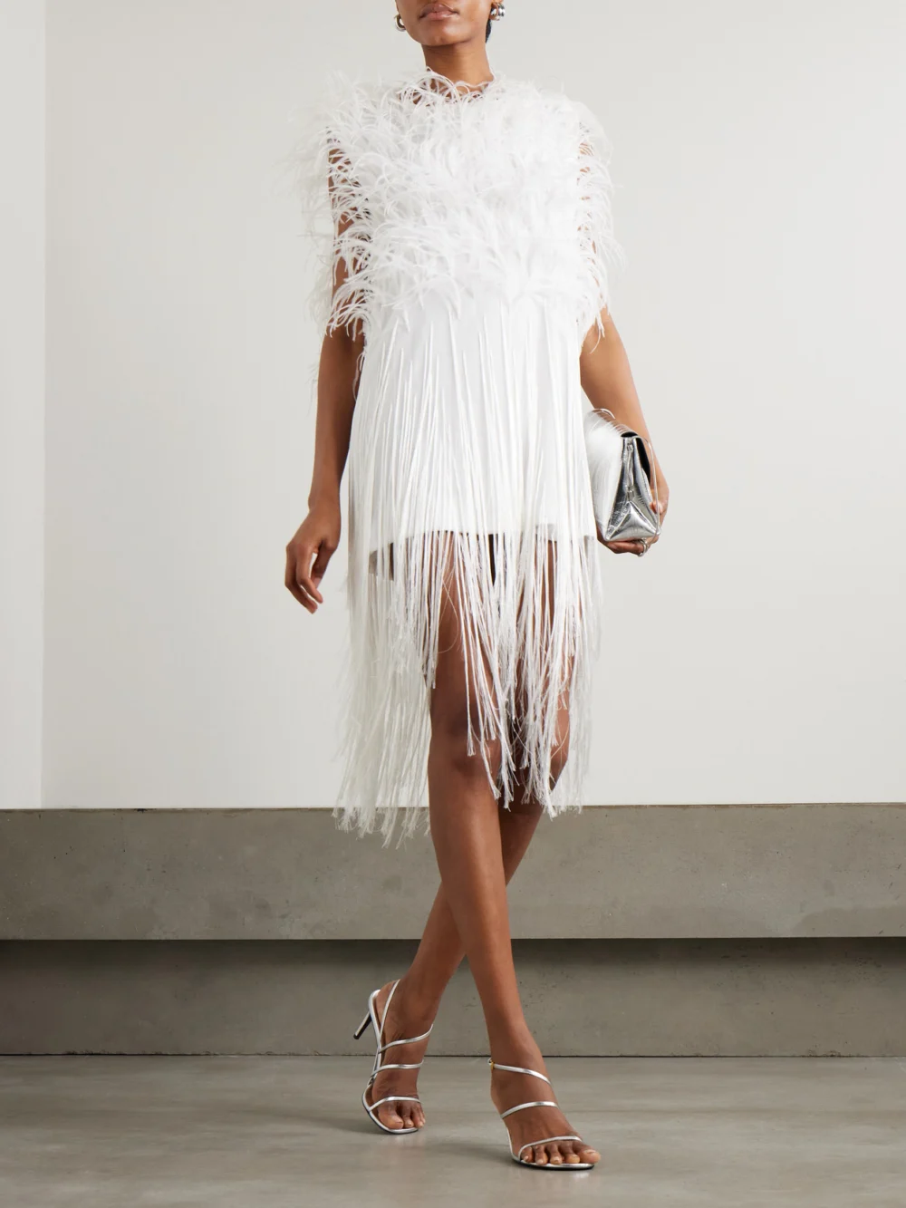 Sharon Wauchob Ros Feather-embellished Fringed Silk-tulle Mini Dress, worn by a model