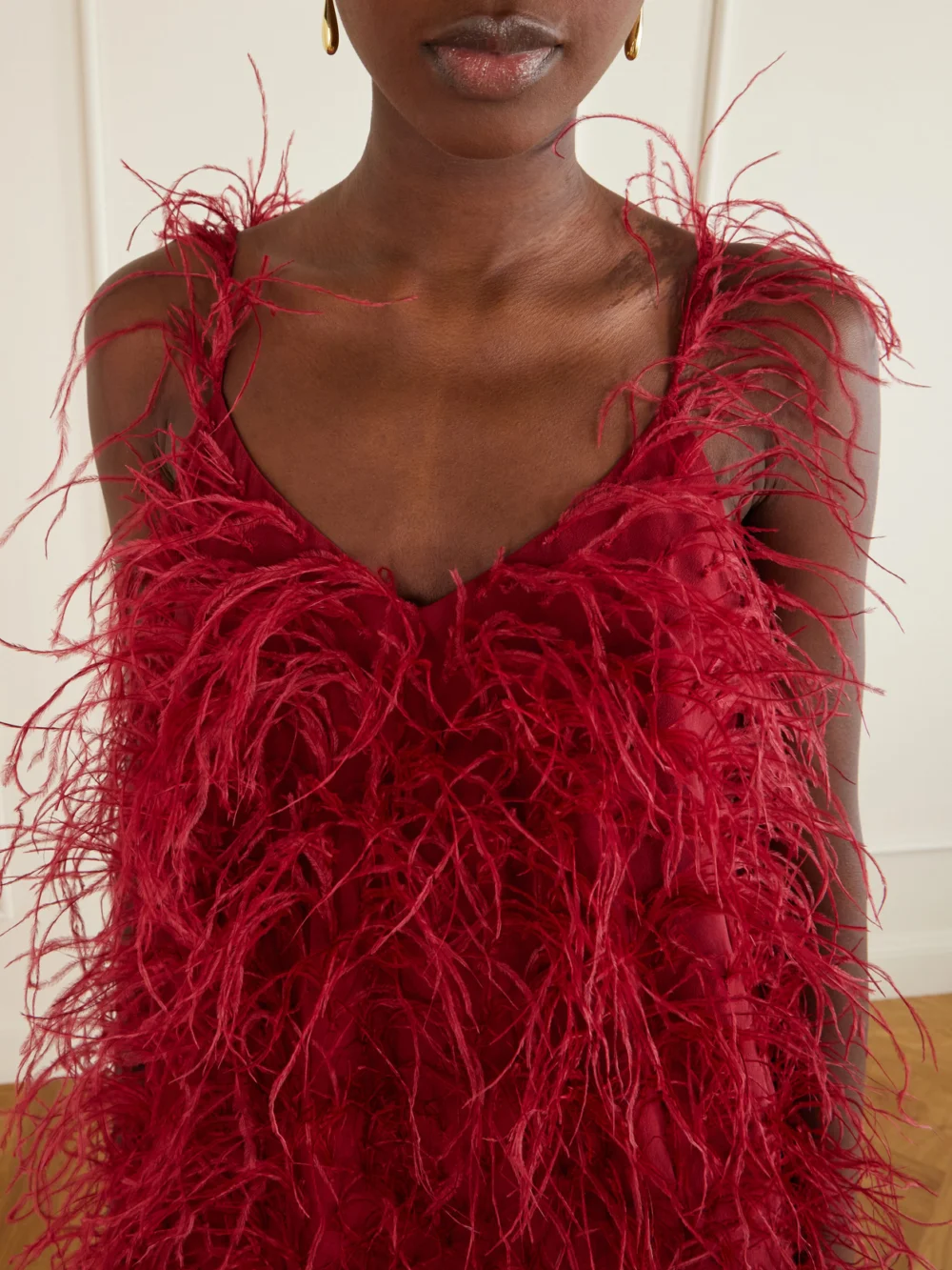 Close-up detail of the Sharon Wauchob Sara Feather-trimmed Silk-crepe Mini Dress