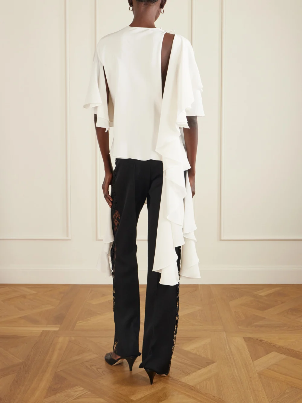 Back view of the Sharon Wauchob Thea Asymmetric Ruffled Cutout Silk Top
