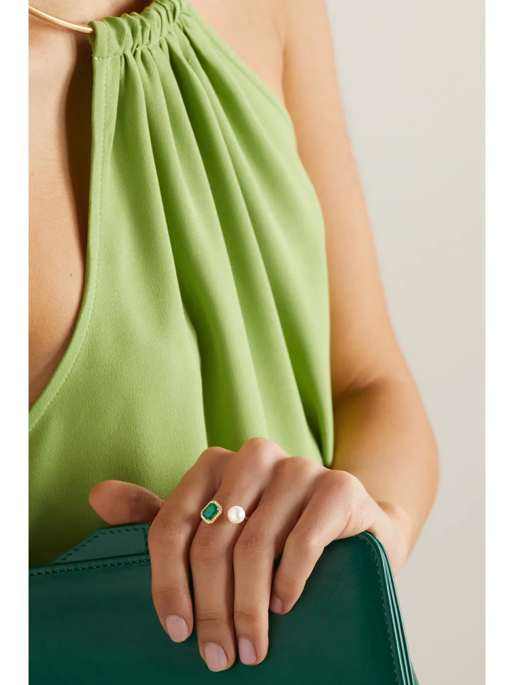 Shay 18-karat Gold, Diamond, Emerald and Pearl Ring, styled view