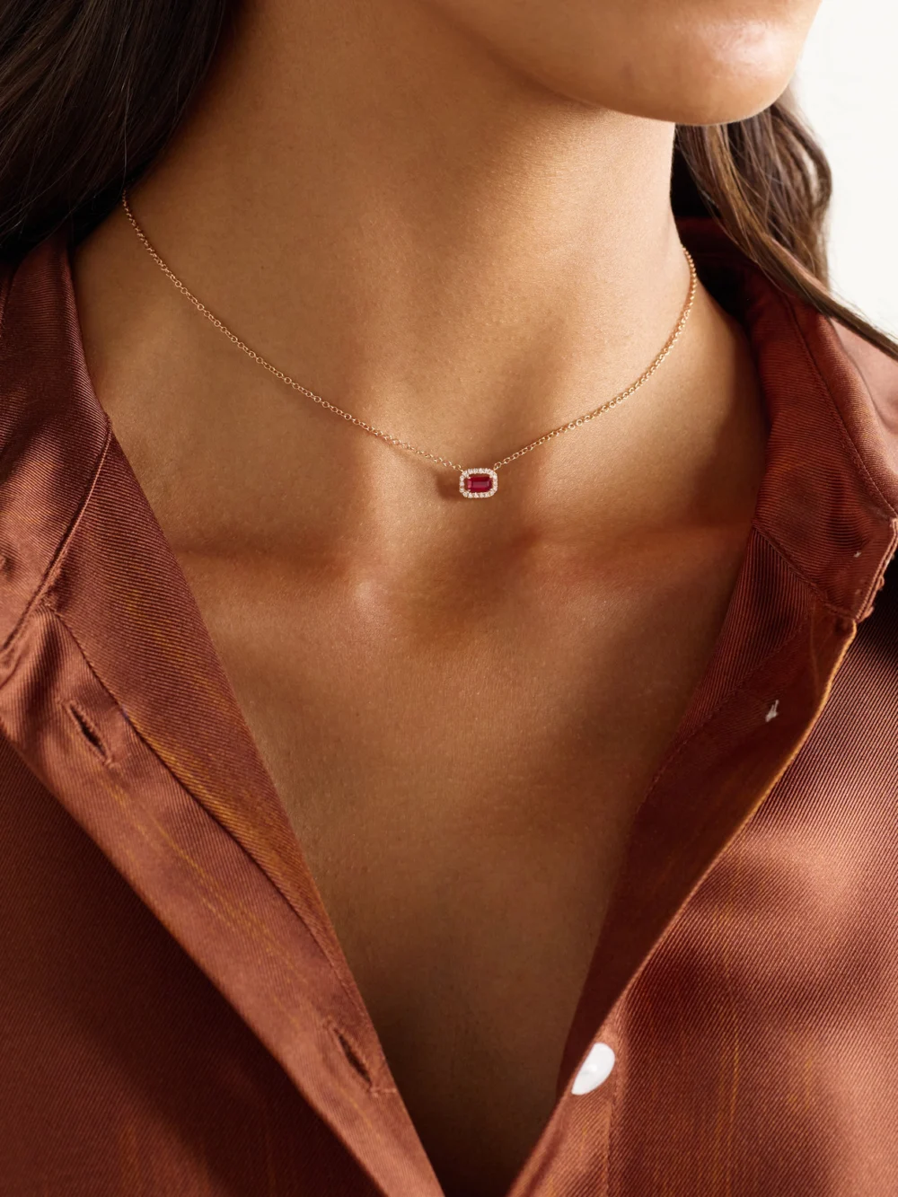 Shay 18-karat Rose Gold, Ruby and Diamond Necklace, styled view