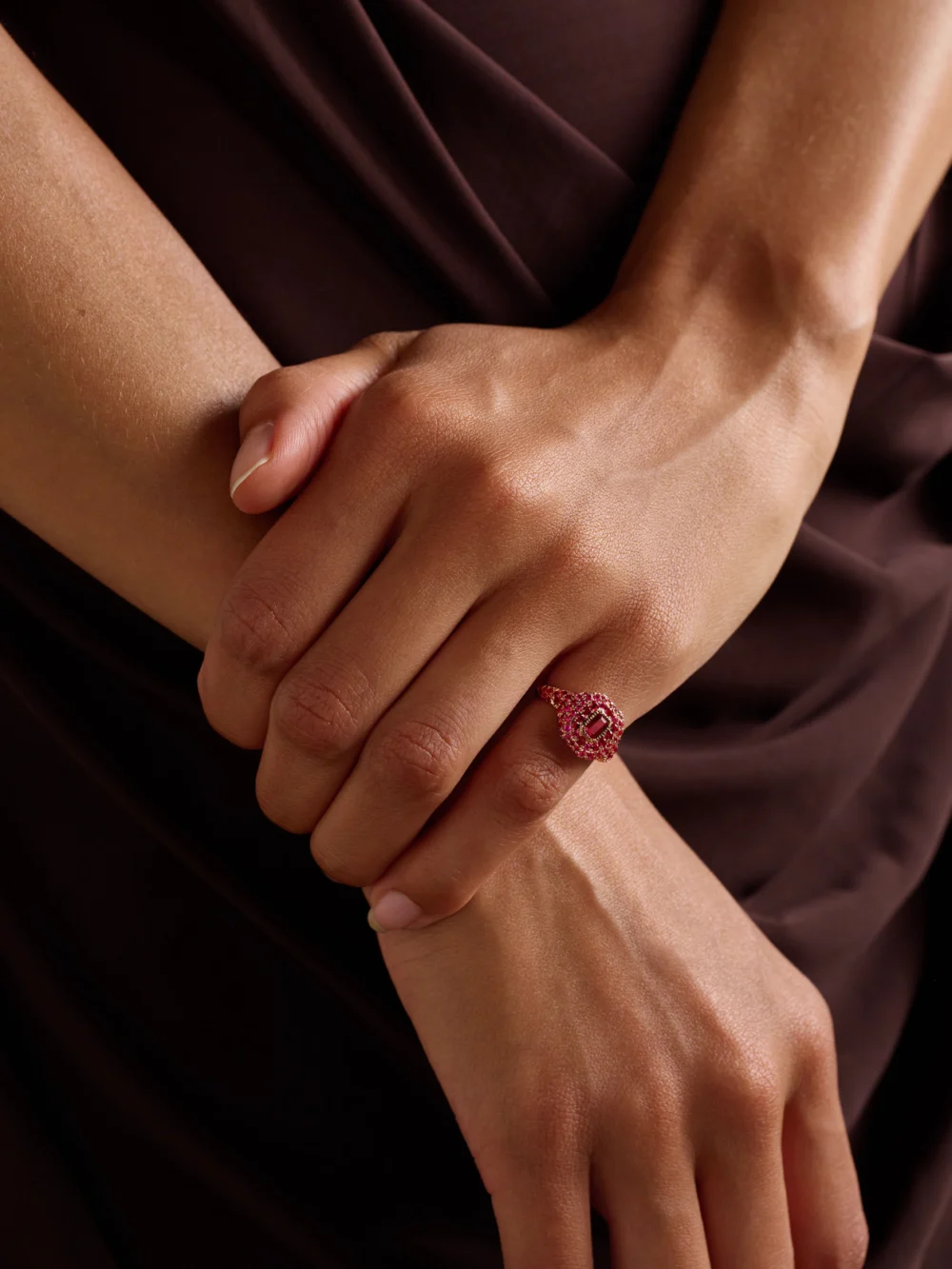 Shay 18-karat Rose Gold Ruby Ring, styled view