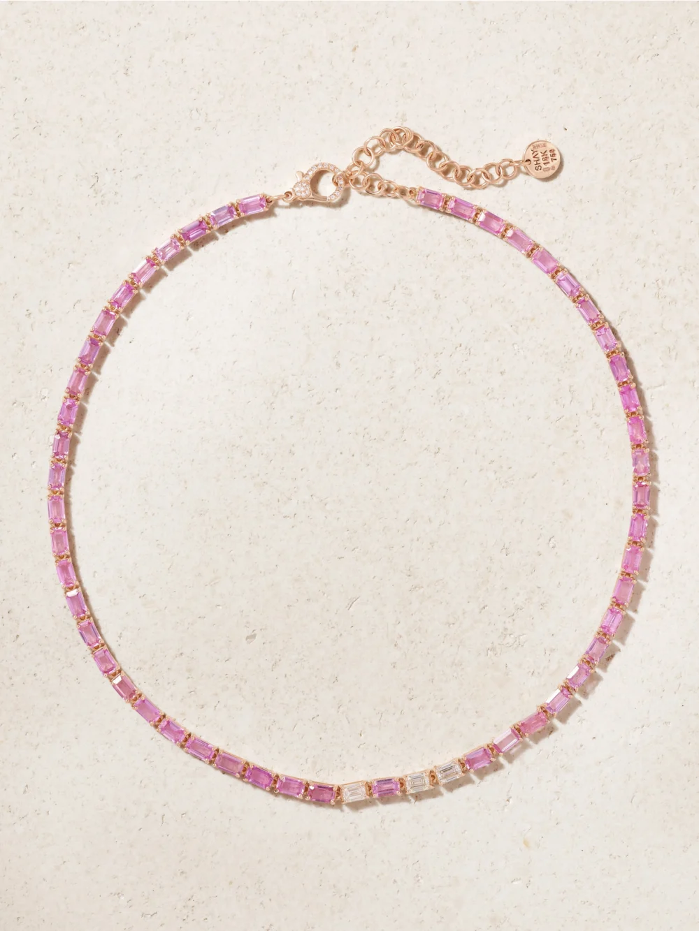 Close-up detail of the Shay 18-karat Rose Gold Sapphire and Diamond Tennis Necklace