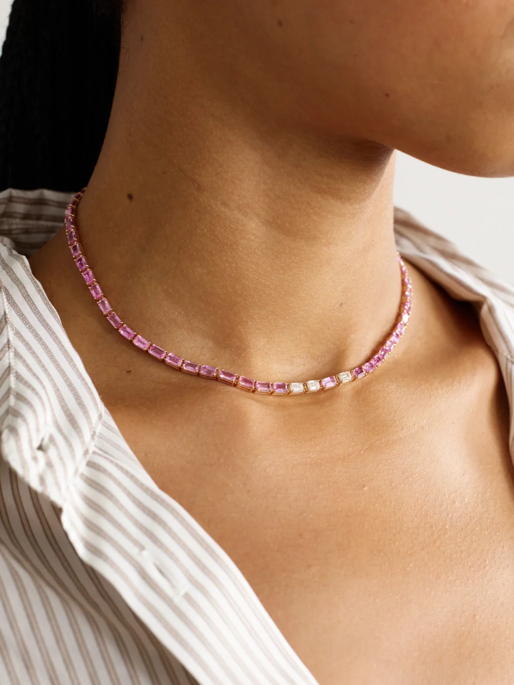 Shay 18-karat Rose Gold Sapphire and Diamond Tennis Necklace, styled view