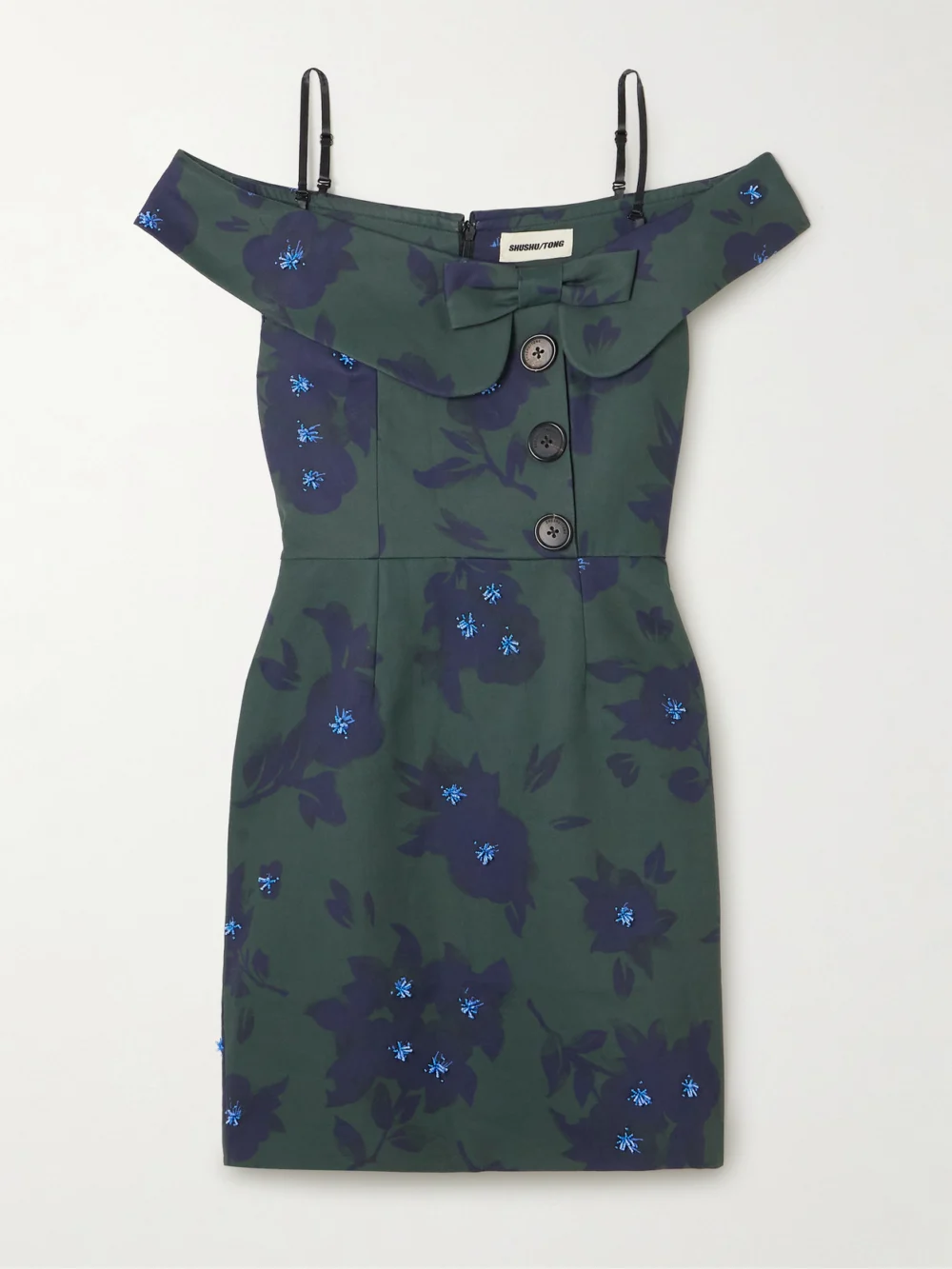 Shushu/Tong Asymmetric Off-the-shoulder Embellished Floral-print Cotton Mini Dress in green