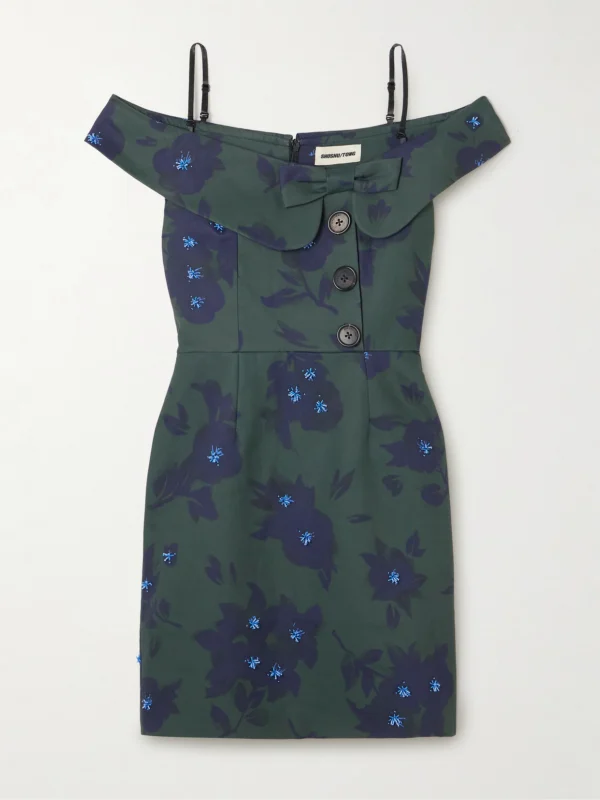 Shushu/Tong Asymmetric Off-the-shoulder Embellished Floral-print Cotton Mini Dress