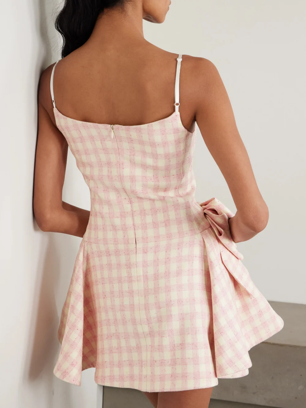 Back view of the Shushu/Tong Bow-detailed Checked Tweed Mini Dress