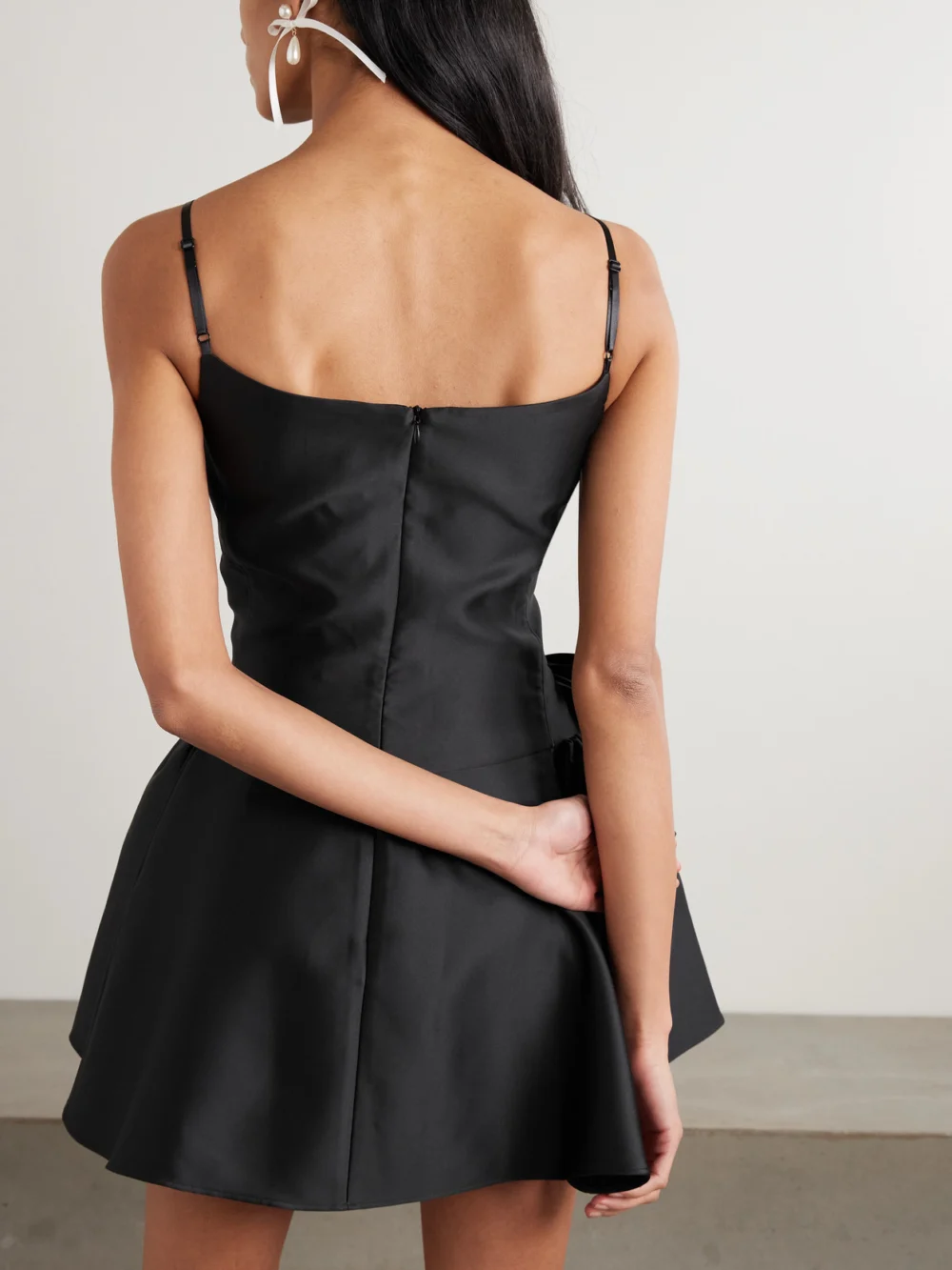 Back view of the Shushu/Tong Bow-detailed Gathered Satin Mini Dress