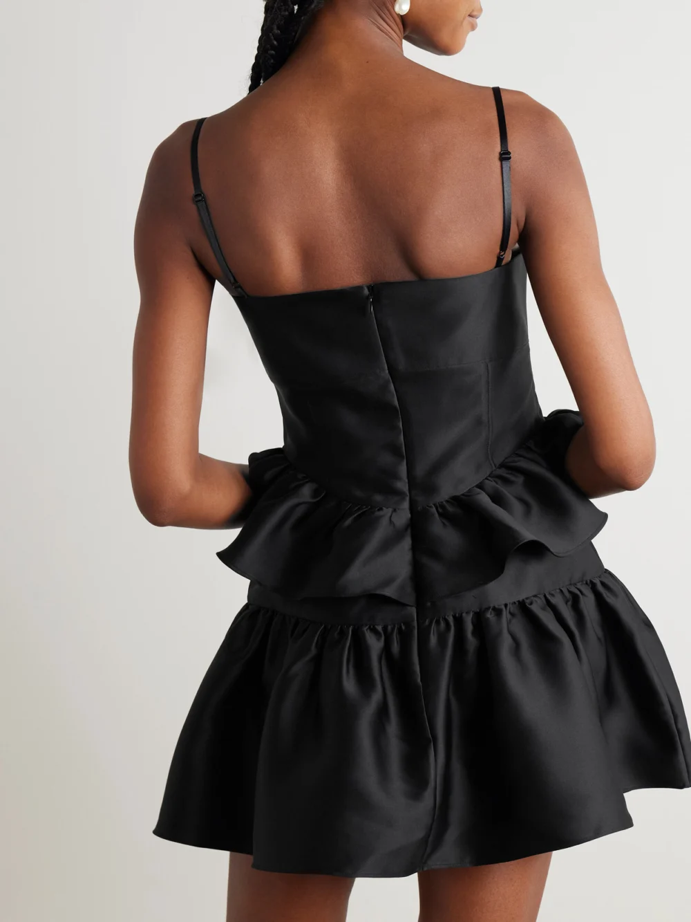 Back view of the Shushu/Tong Bow-detailed Ruffled Mikado Mini Dress