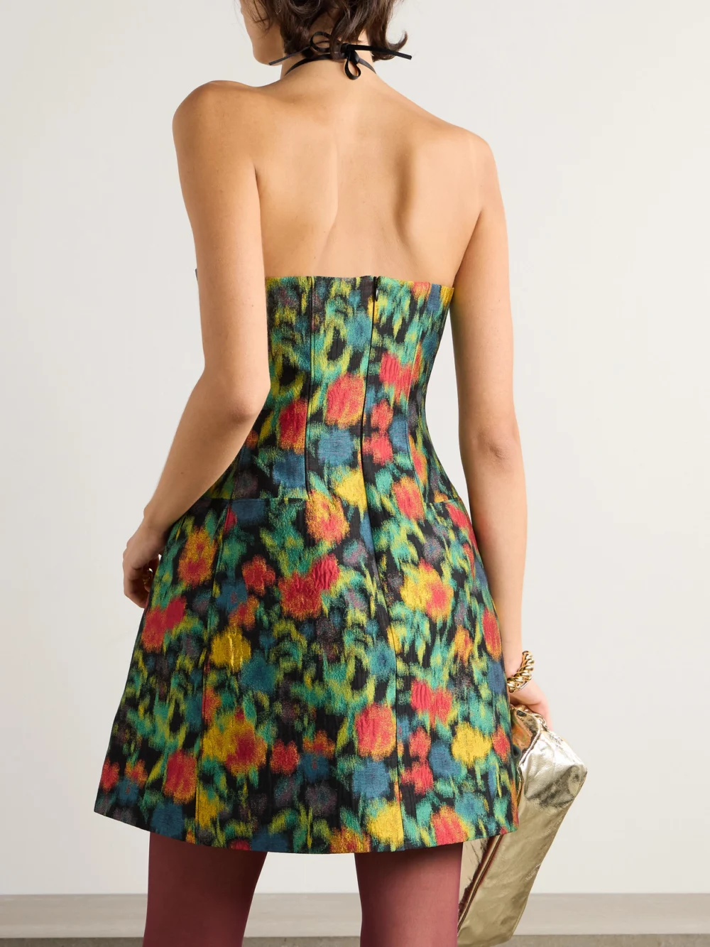 Back view of the Shushu/Tong Bow-embellished Brocade Mini Dress