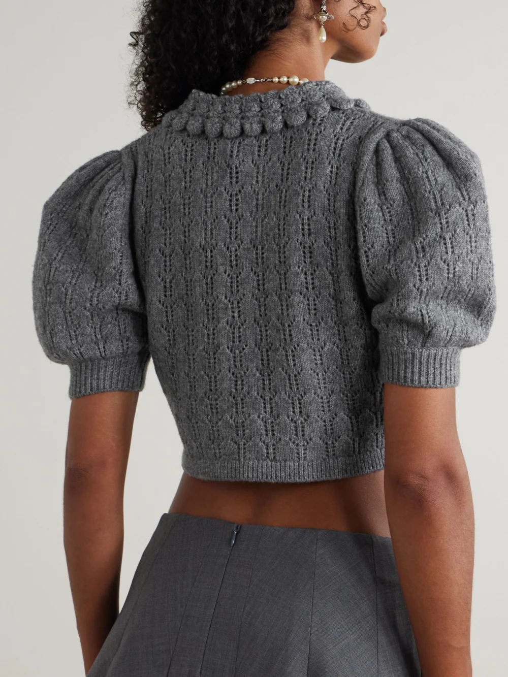 Back view of the Shushu/Tong Cropped Pointelle-knit Wool-blend Cardigan