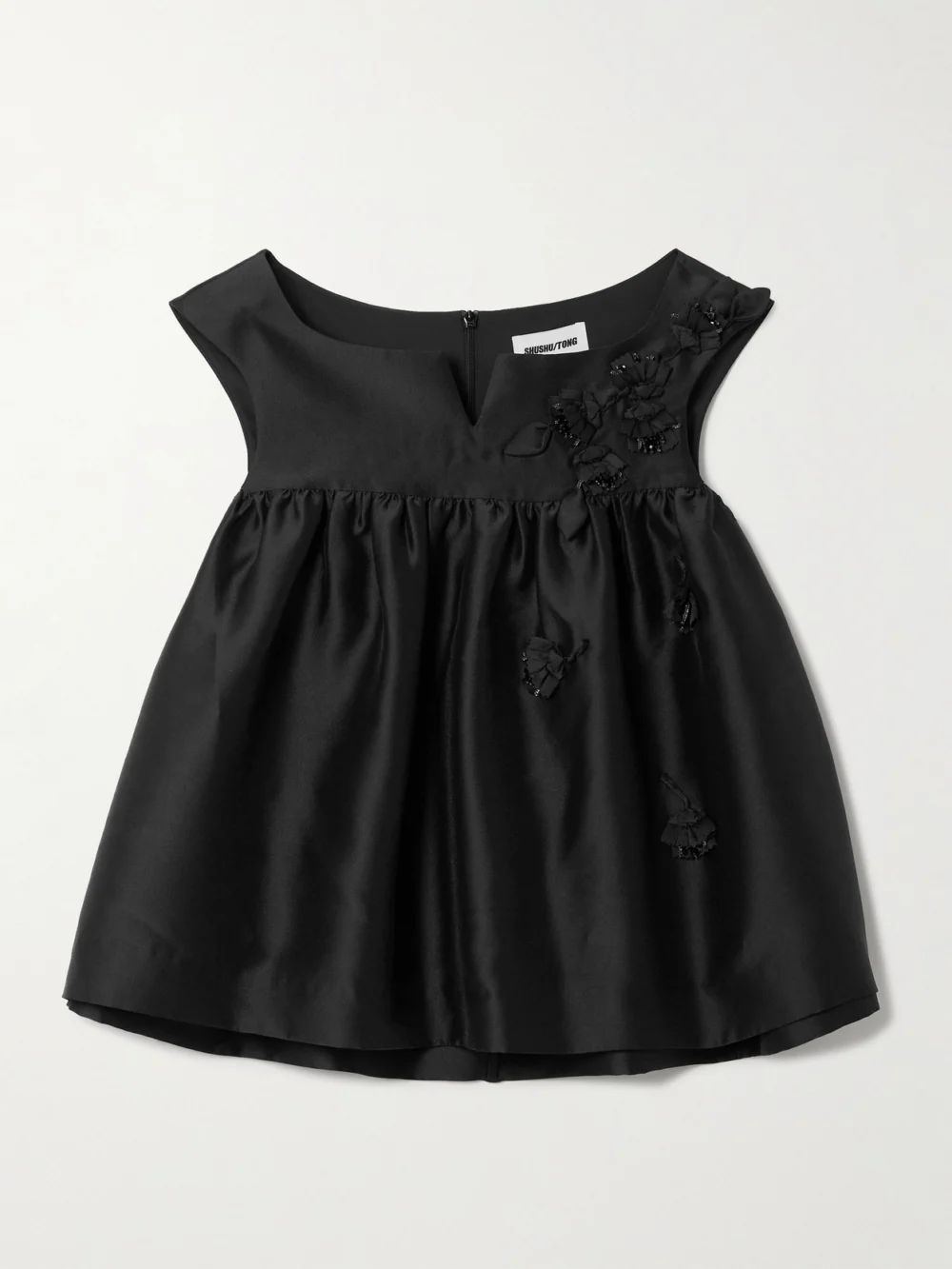 Shushu/Tong Gathered Appliquéd Bead-embellished Crepe Top in black