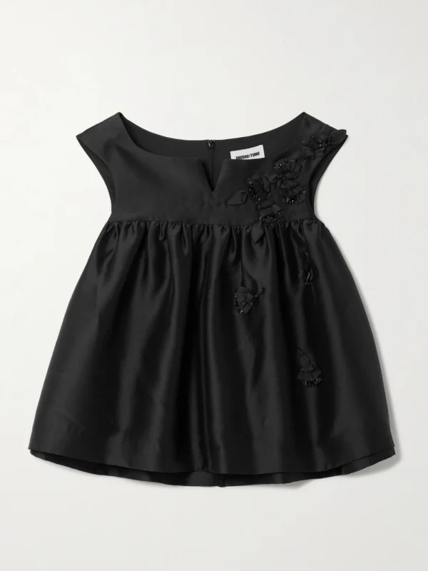 Shushu/Tong Gathered Appliquéd Bead-embellished Crepe Top