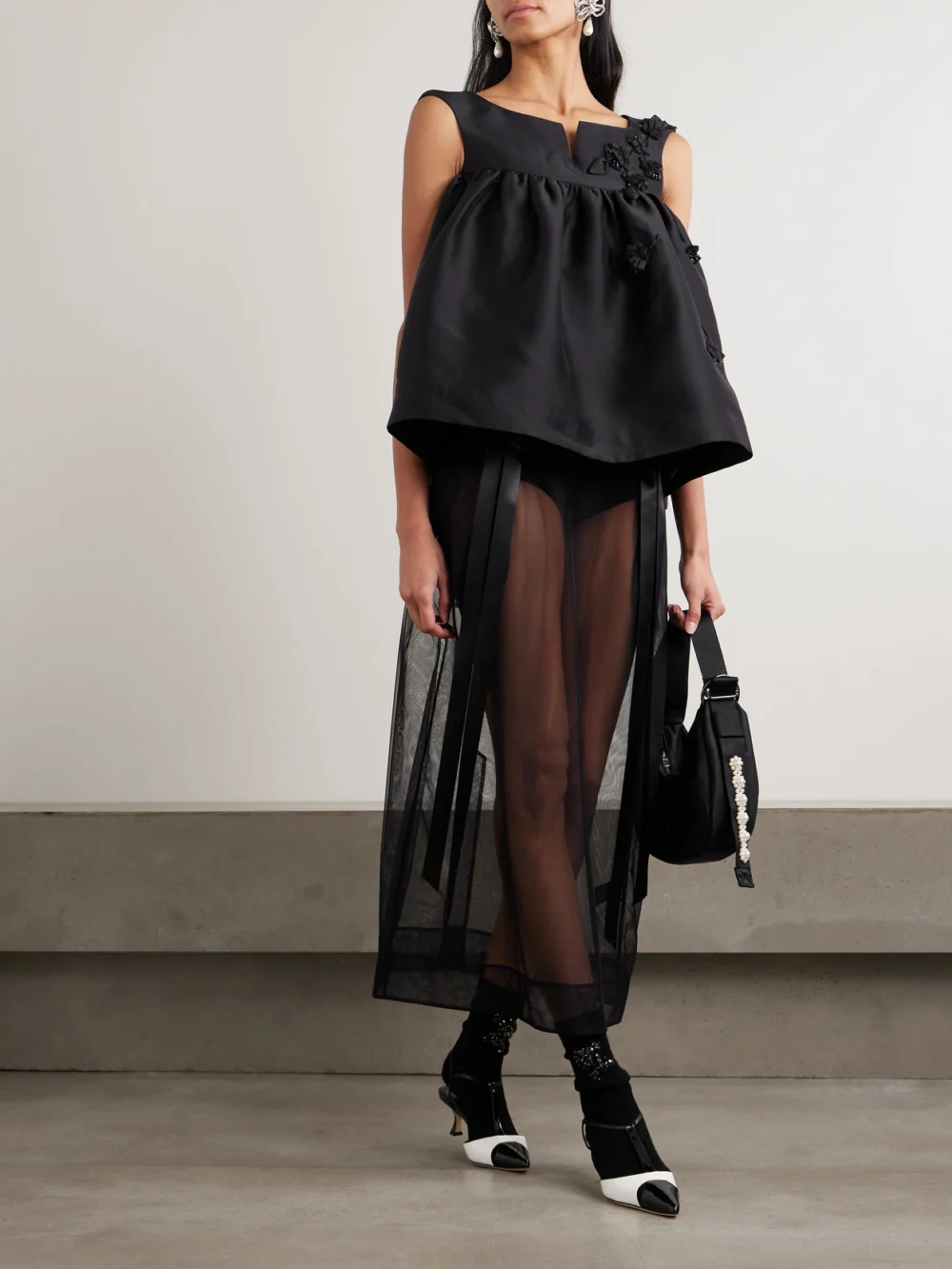 Shushu/Tong Gathered Appliquéd Bead-embellished Crepe Top, worn by a model