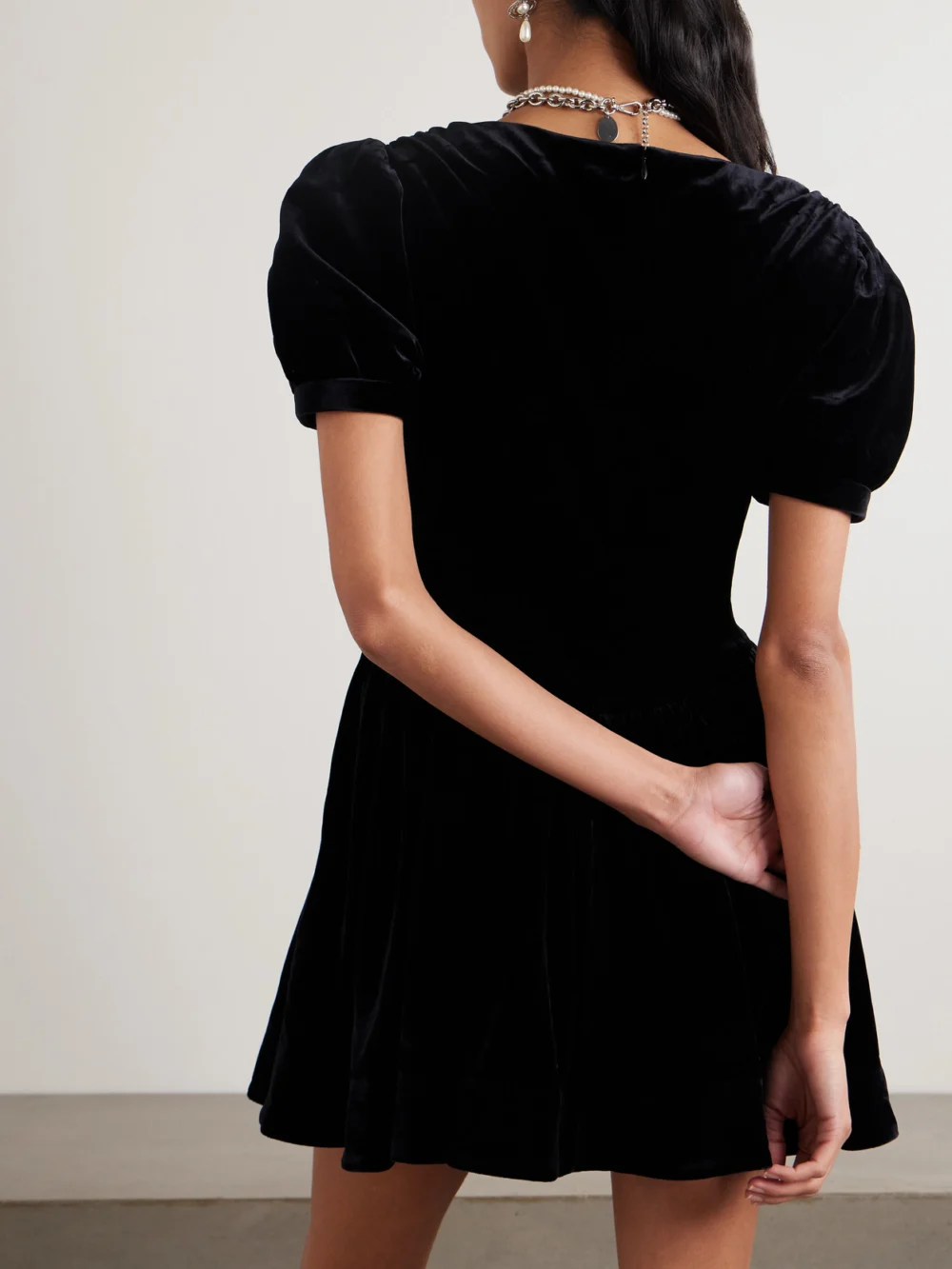 Back view of the Shushu/Tong Gathered Velvet Mini Dress