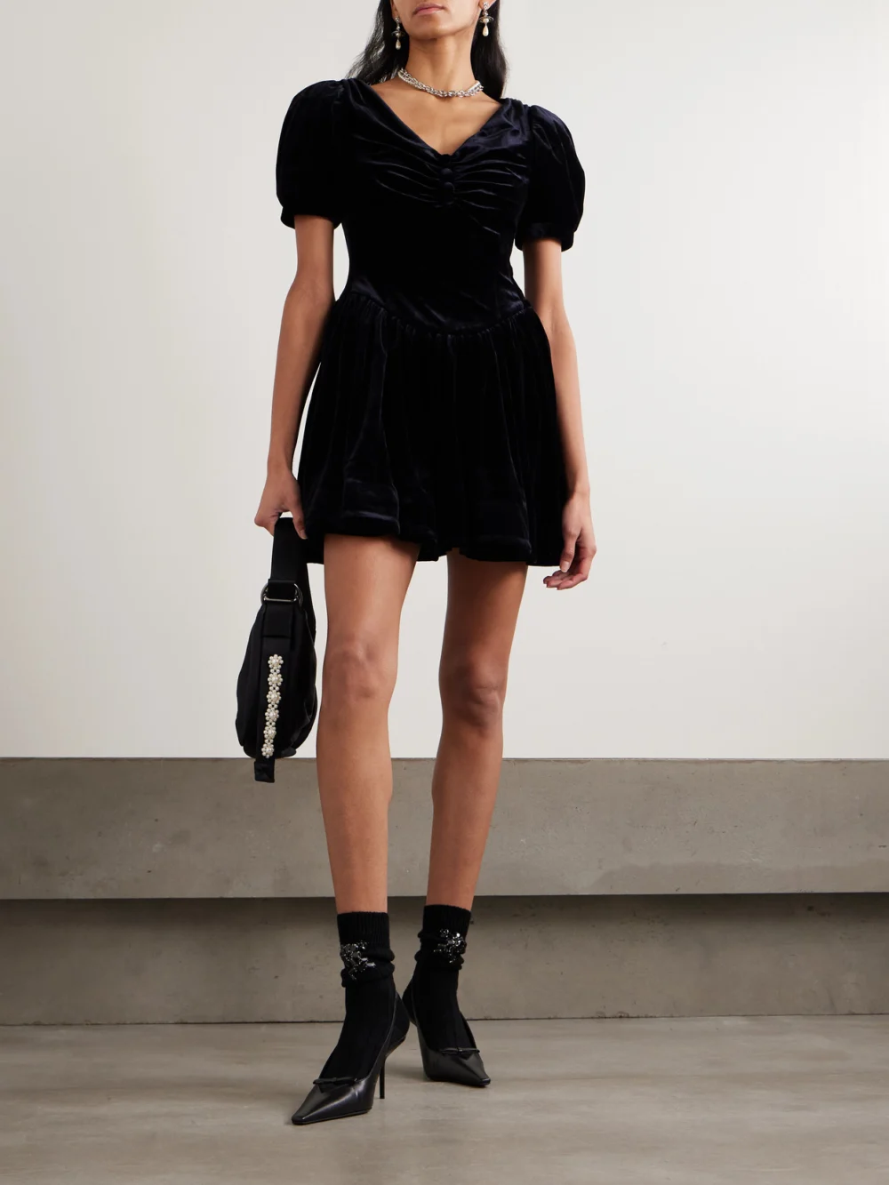 Shushu/Tong Gathered Velvet Mini Dress, worn by a model