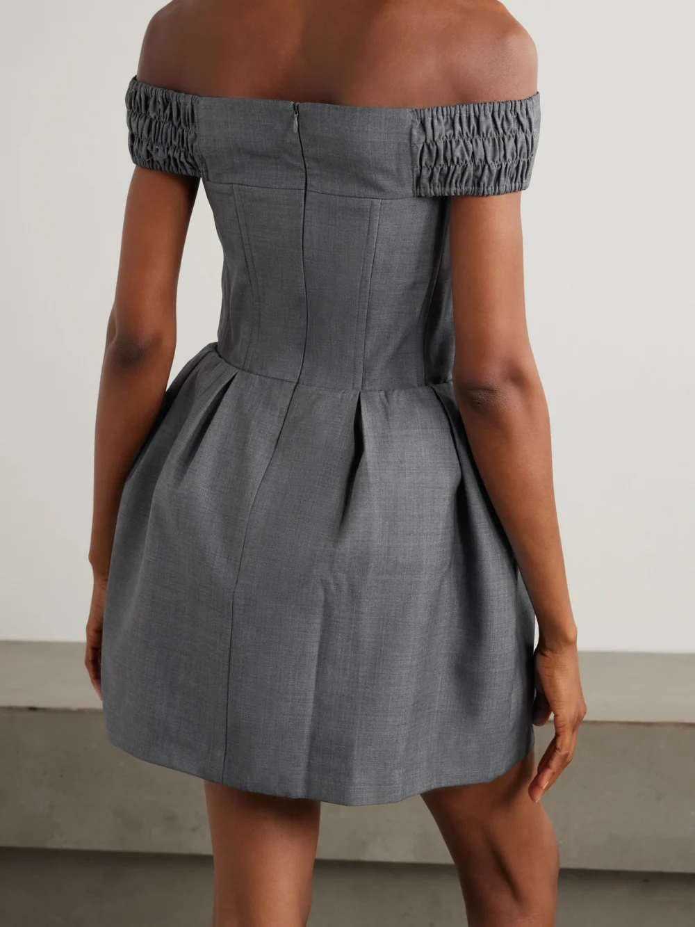 Back view of the Shushu/Tong Off-the-shoulder Gathered Woven Mini Dress