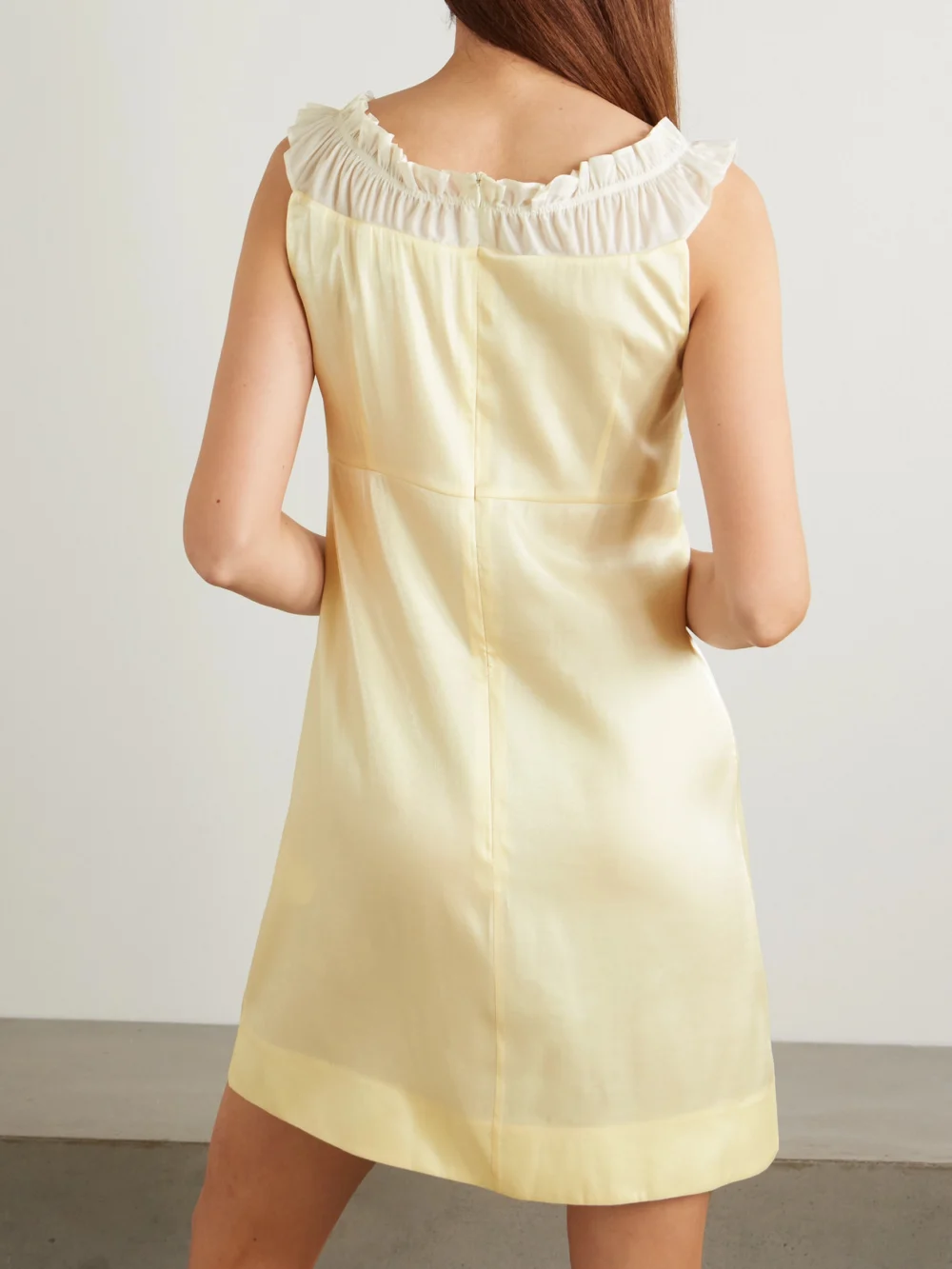 Back view of the Shushu/Tong Ruffled Chiffon-trimmed Satin Mini Dress