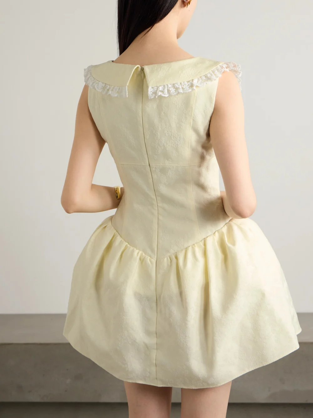 Back view of the Shushu/Tong Ruffled Lace-trimmed Cady-jacquard Mini Dress