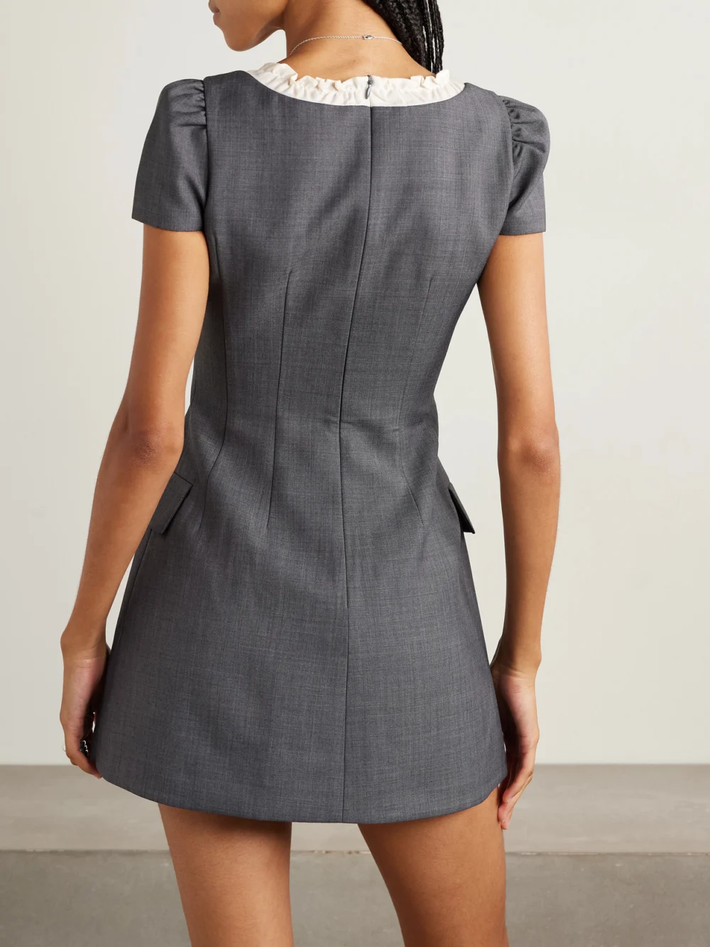 Back view of the Shushu/Tong Ruffled Wool-blend Gauze-trimmed Twill Mini Dress