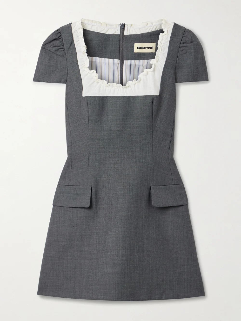Shushu/Tong Ruffled Wool-blend Gauze-trimmed Twill Mini Dress in gray