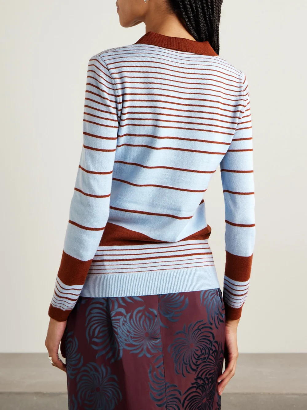 Back view of the Shushu/Tong Striped Knitted Polo Sweater