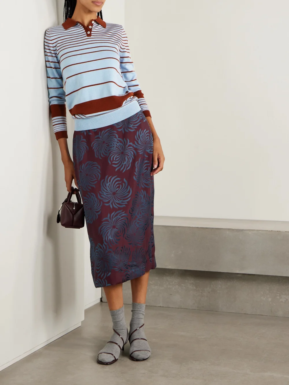 Shushu/Tong Striped Knitted Polo Sweater, worn by a model