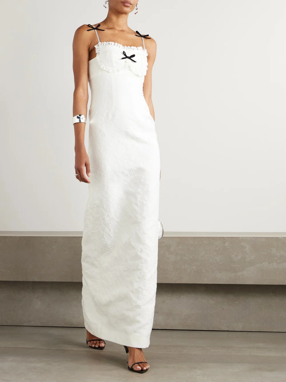Shushu/Tong Velvet- and Lace-trimmed Brocade Gown, worn by a model