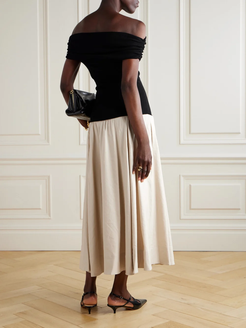 Back view of the Simkhai Adaline Off-the-shoulder Linen-blend and Recycled Satin-jersey Midi Dress