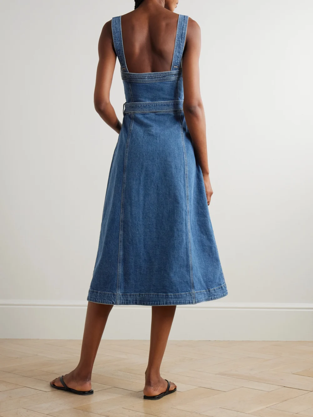 Back view of the Simkhai Alba Belted Stretch-denim Midi Dress