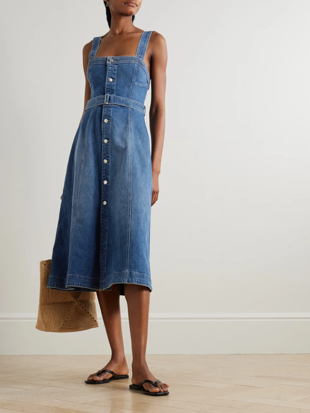 Simkhai Alba Belted Stretch-denim Midi Dress, worn by a model