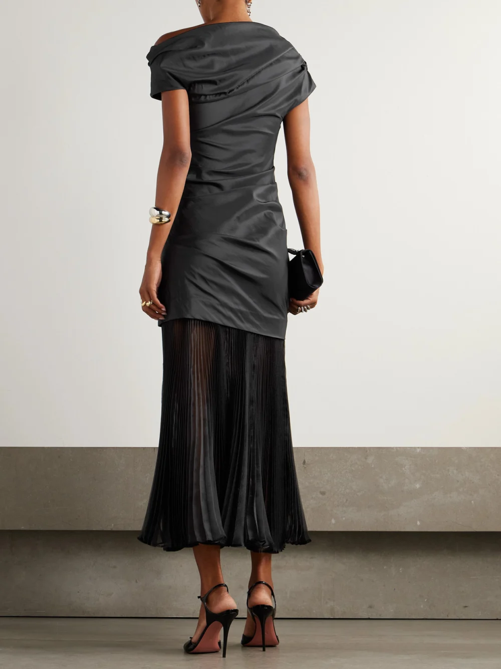 Back view of the Simkhai Ammalie Draped Taffeta and Pleated Organza Midi Dress