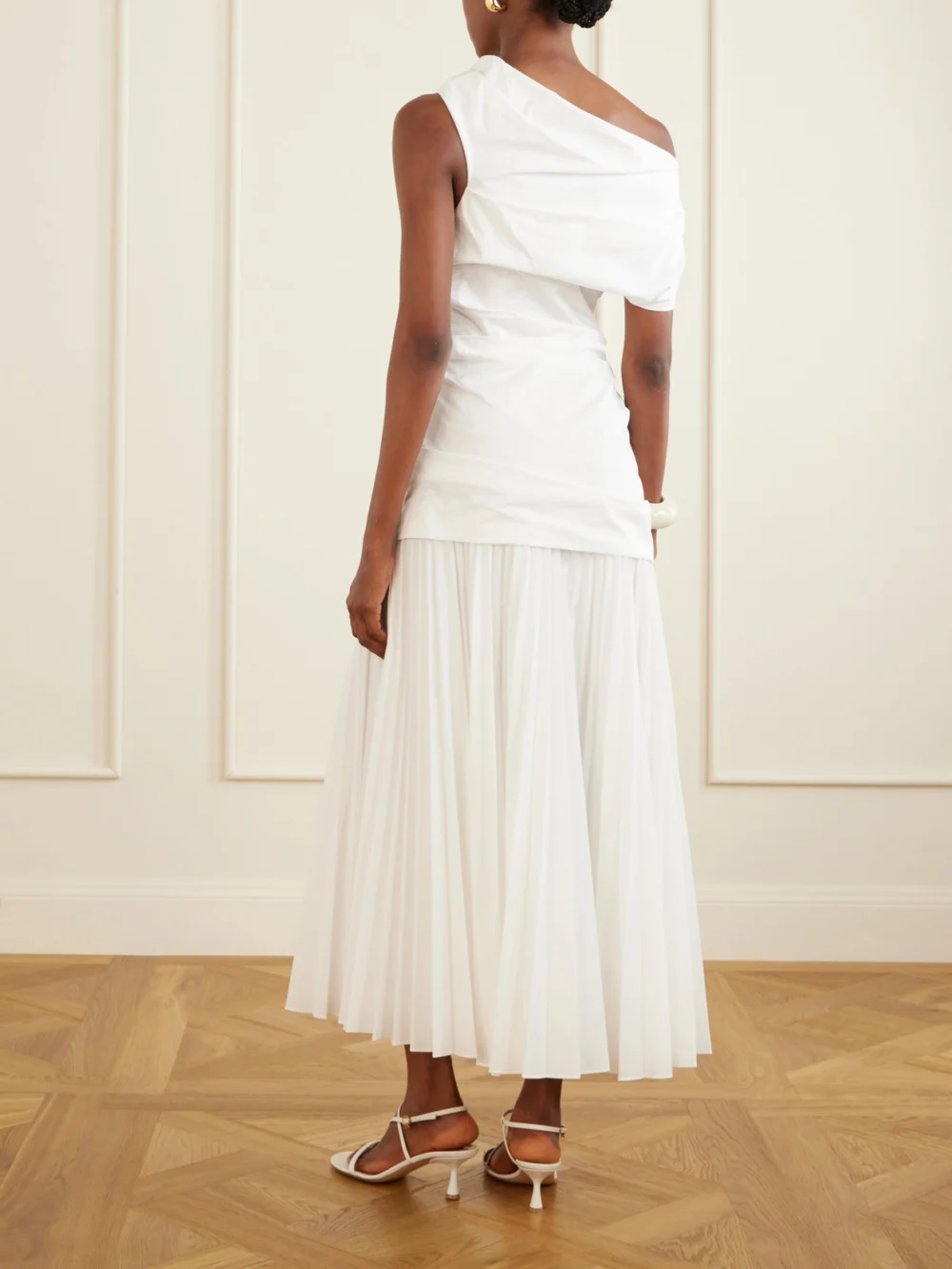 Back view of the Simkhai Ammalie One-shoulder Draped Pleated Poplin Midi Dress