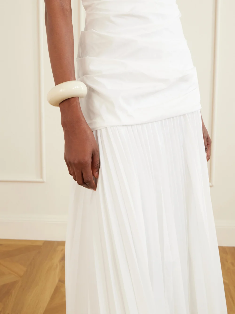 Close-up detail of the Simkhai Ammalie One-shoulder Draped Pleated Poplin Midi Dress