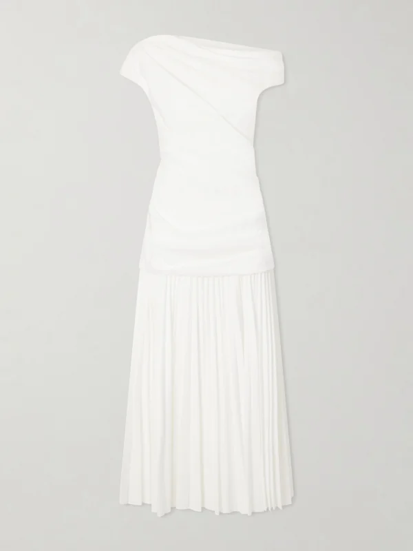 Simkhai Ammalie One-shoulder Draped Pleated Poplin Midi Dress