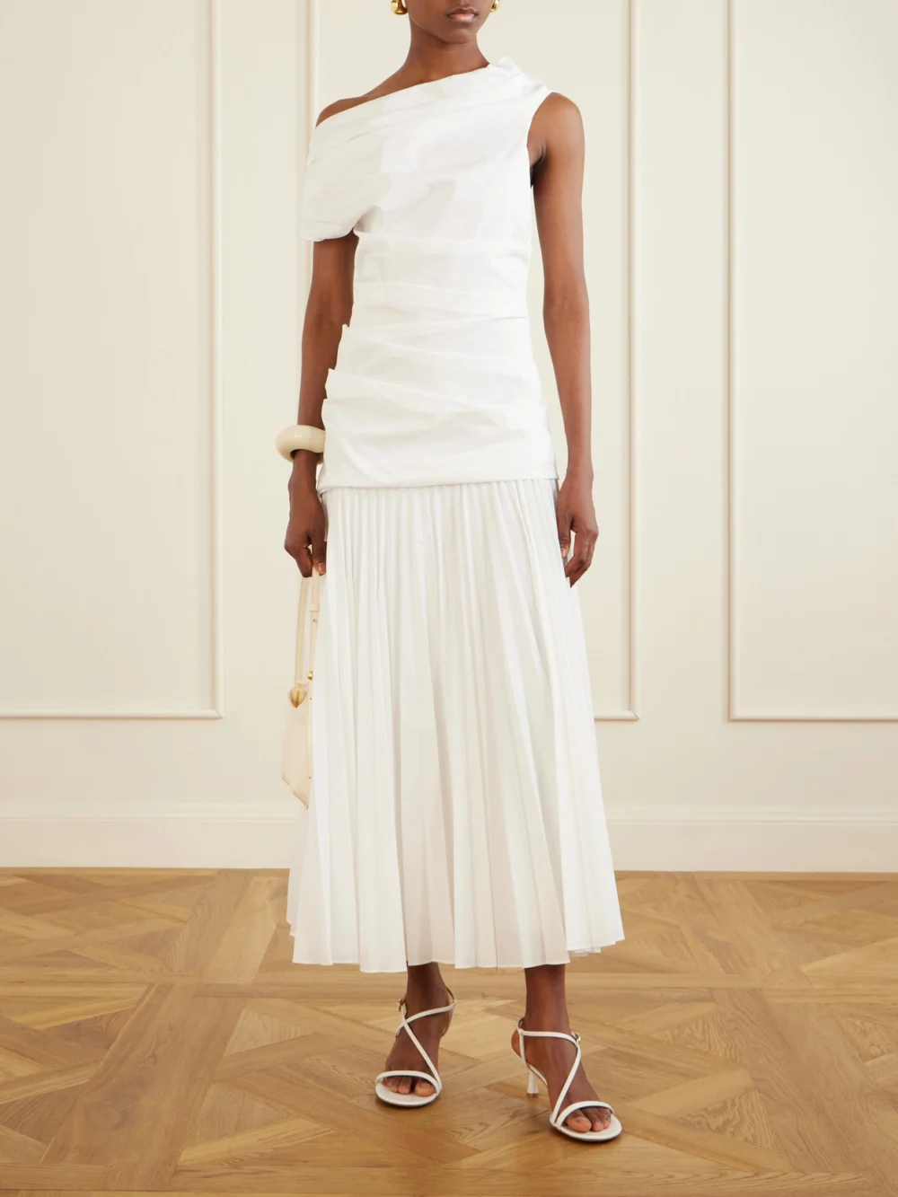 Simkhai Ammalie One-shoulder Draped Pleated Poplin Midi Dress, worn by a model