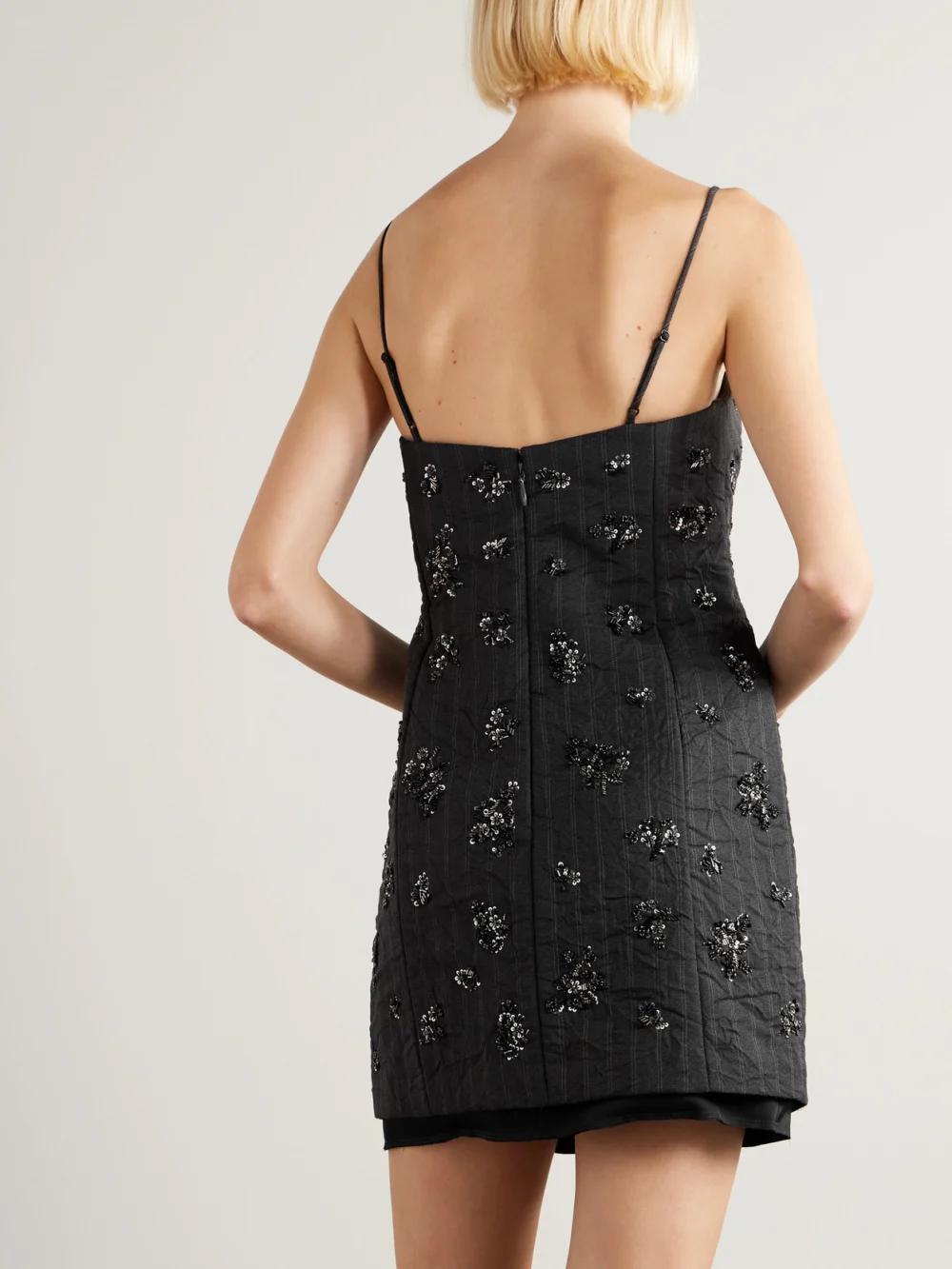 Back view of the Simkhai Anden Embellished Striped Woven Mini Dress