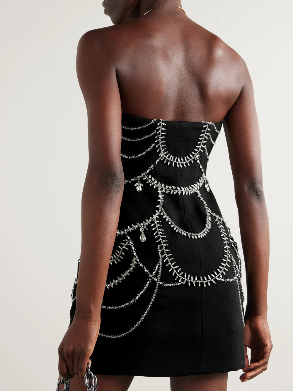 Back view of the Simkhai Arta Strapless Crystal-embellished Cady Mini Dress