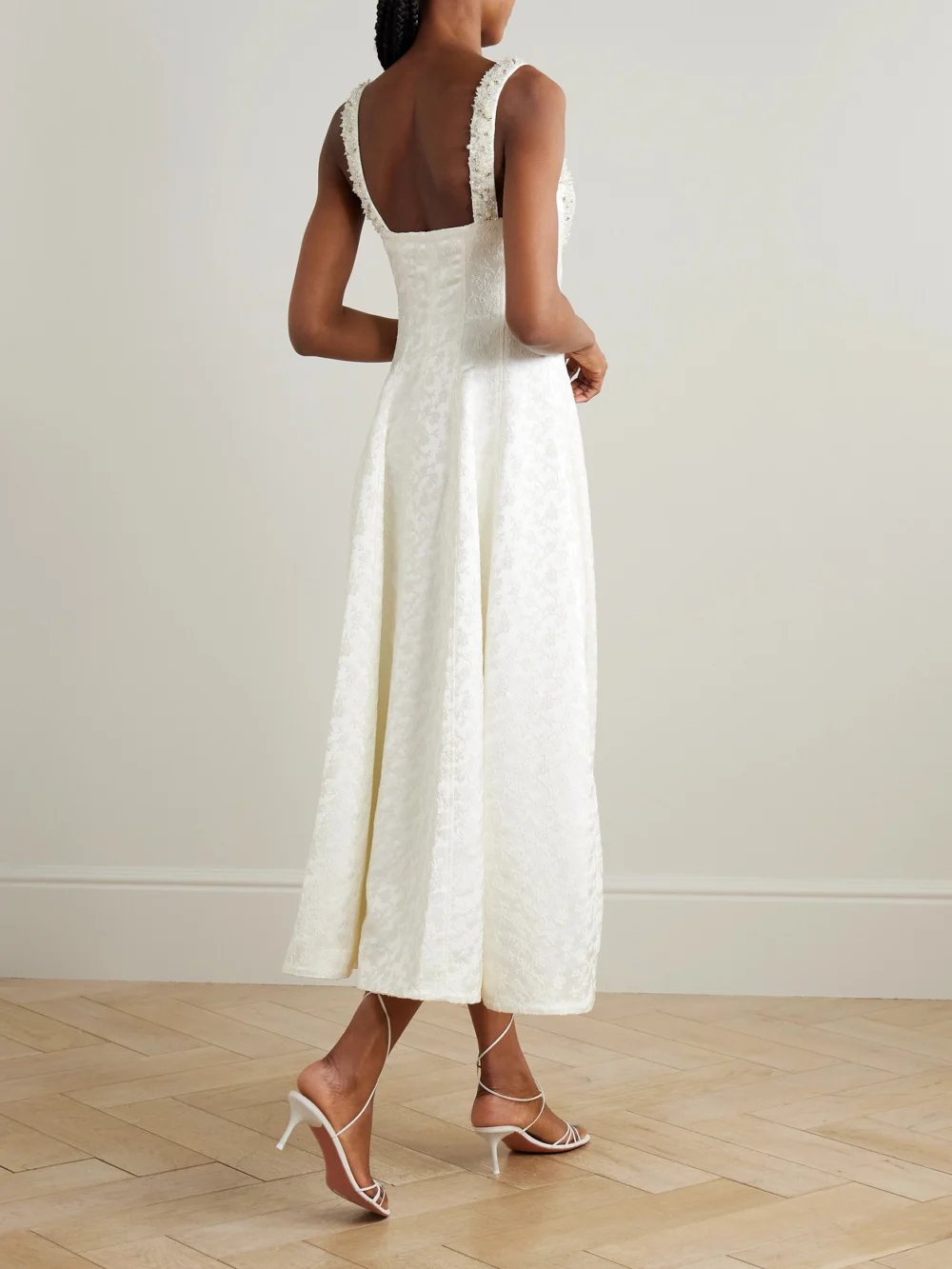 Back view of the Simkhai Charlotte Embellished Pleated Satin-jacquard Midi Dress