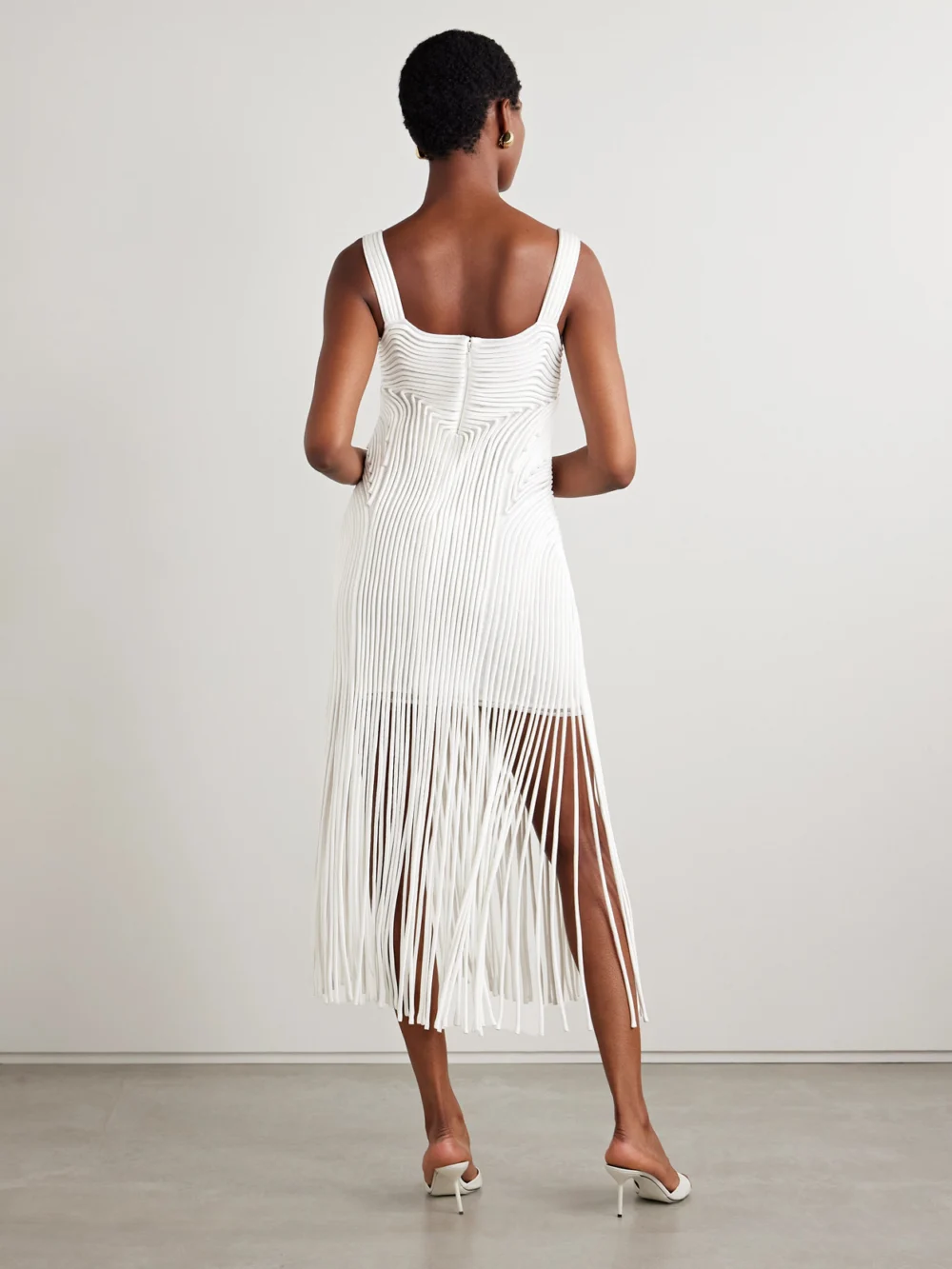 Back view of the Simkhai Darby Fringed Appliquéd Tulle Midi Dress
